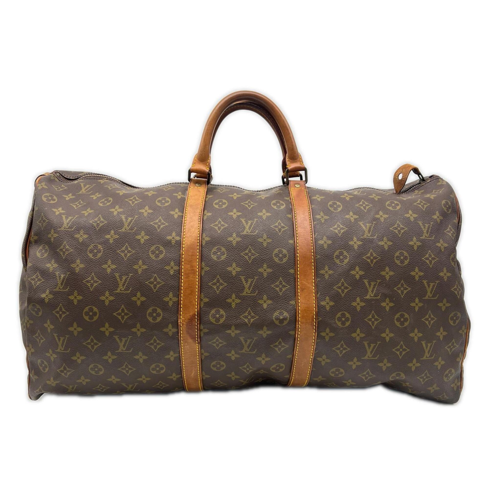 Louis Vuitton Beige Brown Coated Canvas Leather Boston Bag (Pre-Owned)