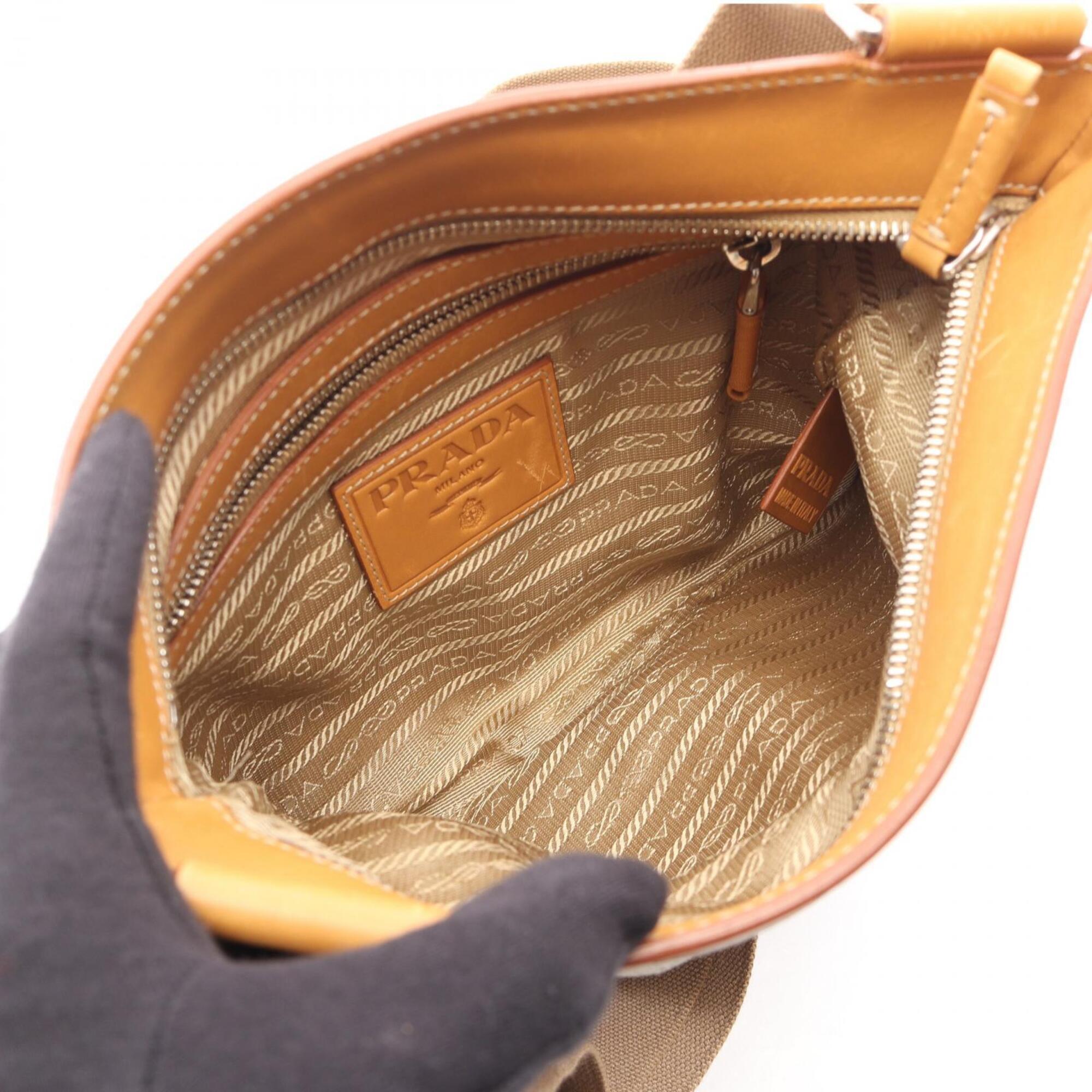 Prada Beige Brown Canvas Leather Handbag Shoulder Bag (Pre-Owned)