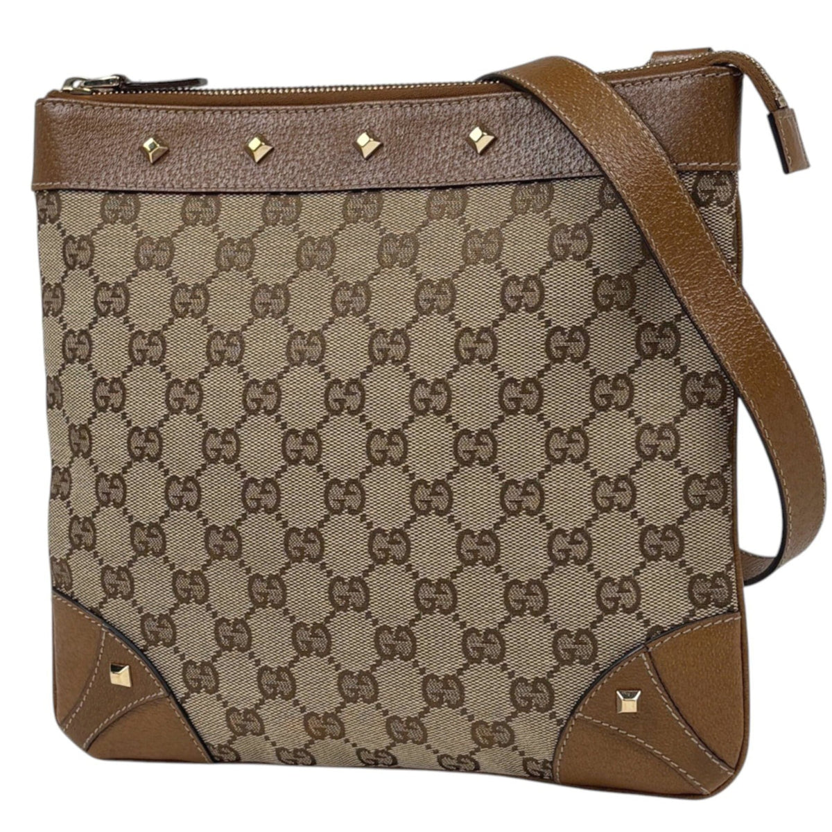 Gucci Beige Brown Gg Canvas Leather Shoulder Bag (Pre-Owned)