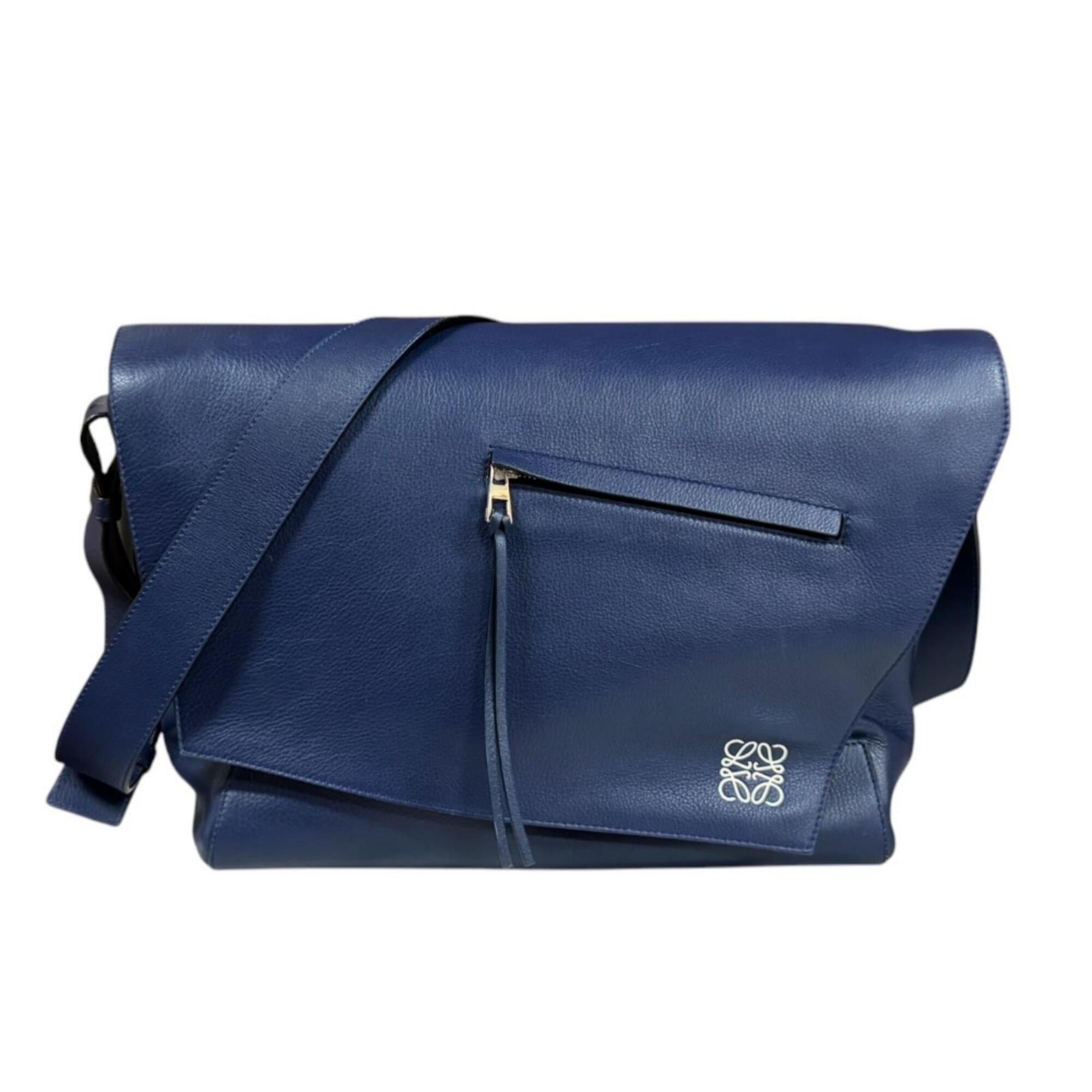 Loewe Anton Navy Leather Messenger Bag Shoulder Bag (Pre-Owned)
