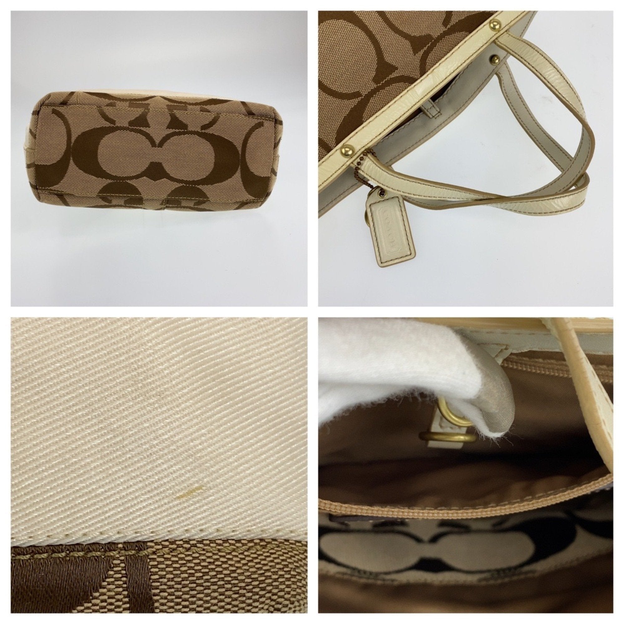Coach Beige White Leather Canvas Handbag Tote Bag (Pre-Owned)