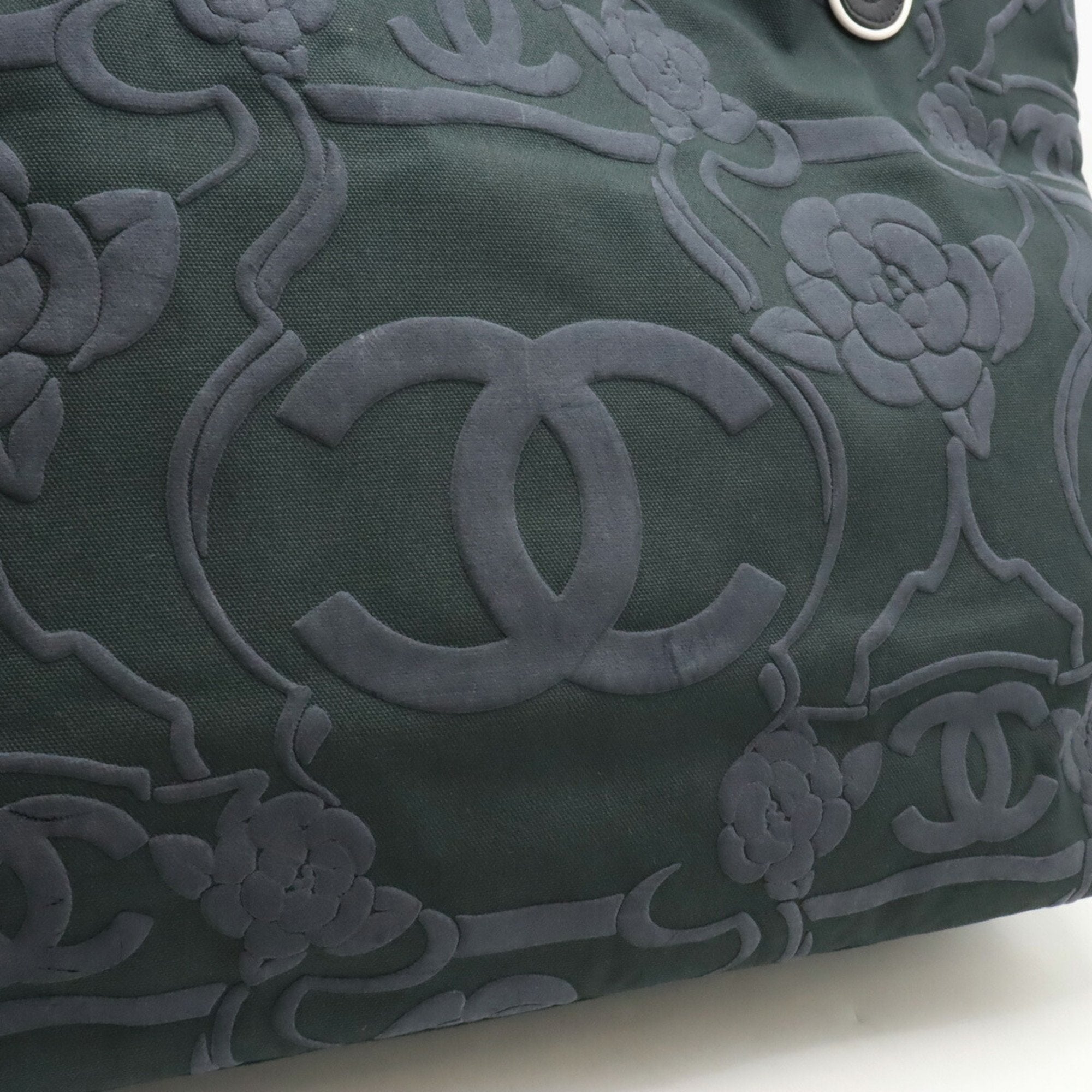 Chanel Black Navy Canvas Leather Shoulder Bag Tote Bag (Pre-Owned)