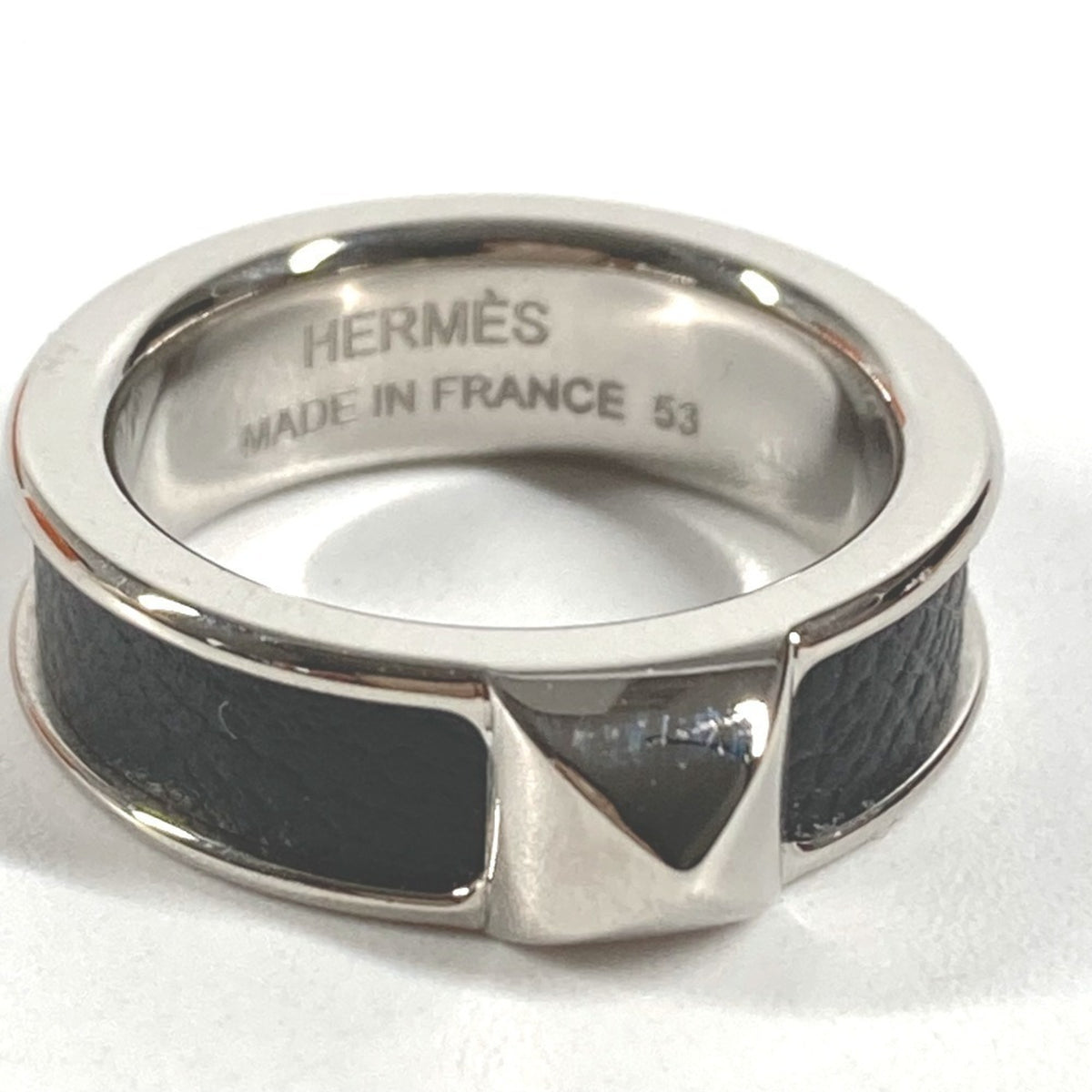 Hermes Black Leather Metal Band Ring (Pre-Owned)