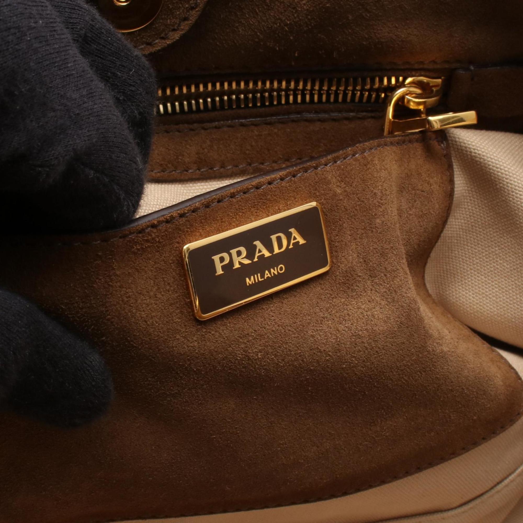 Prada Beige Brown Canvas Suede Handbag (Pre-Owned)