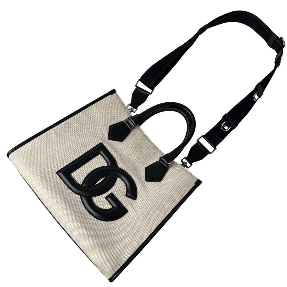 Dolce & Gabbana Black Ivory Canvas Leather Shoulder Bag Tote Bag (Pre-Owned)
