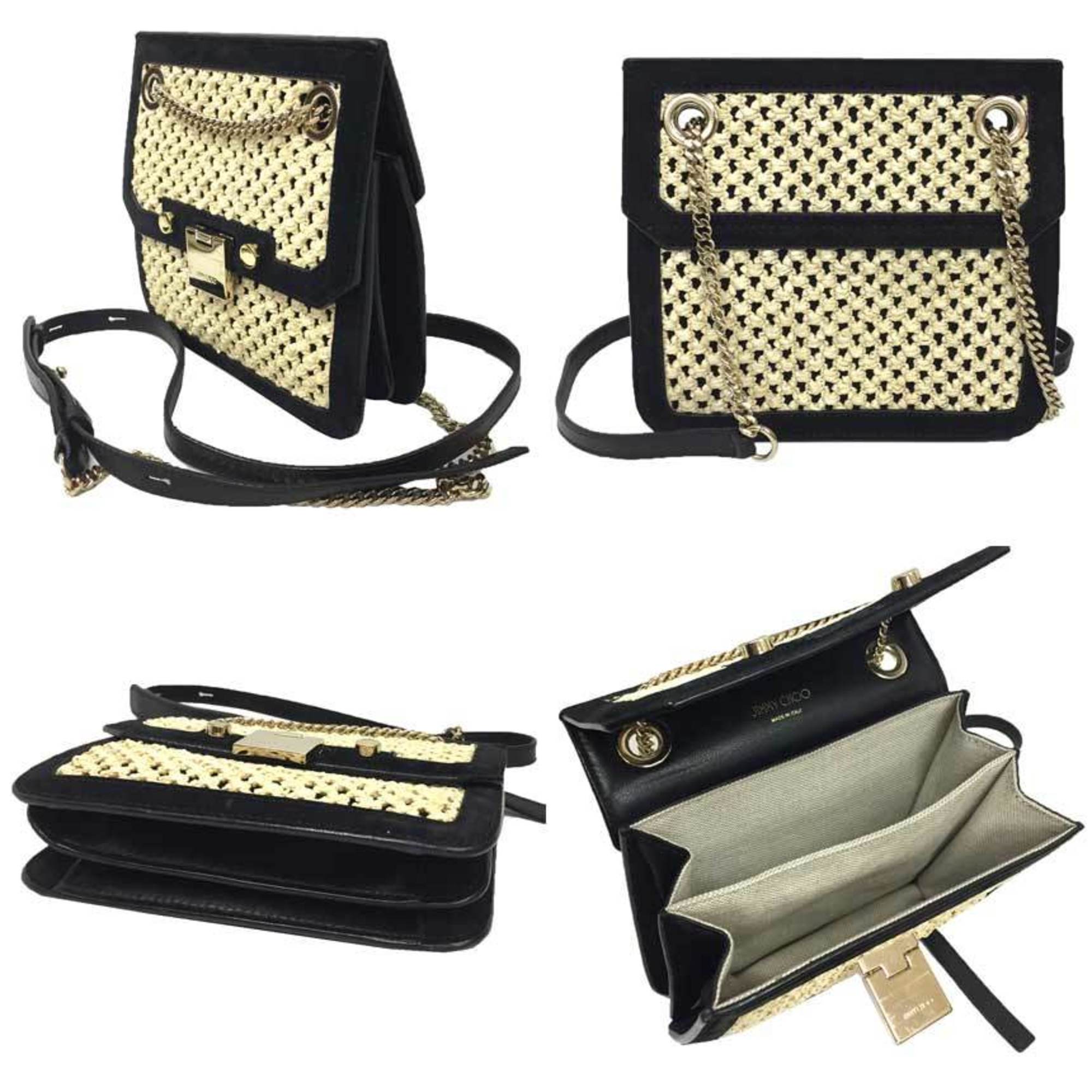Jimmy Choo Beige Black Leather Straw Shoulder Bag (Pre-Owned)