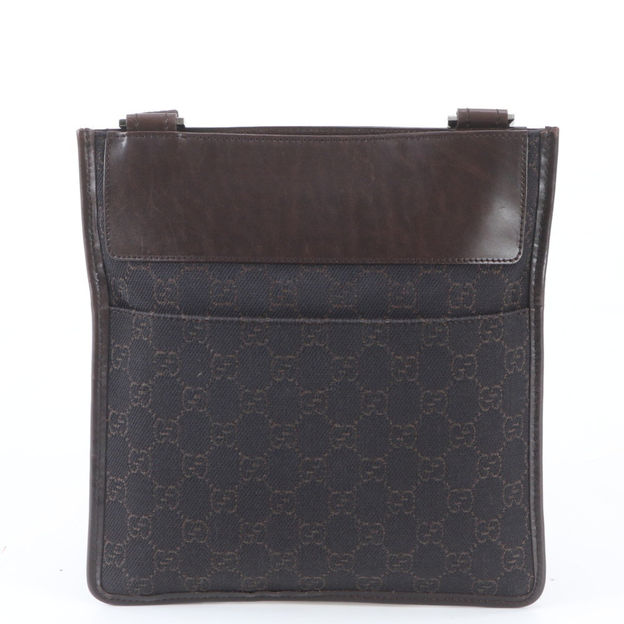 Gucci Gg Canvas Dark Brown Leather Canvas Shoulder Bag (Pre-Owned)