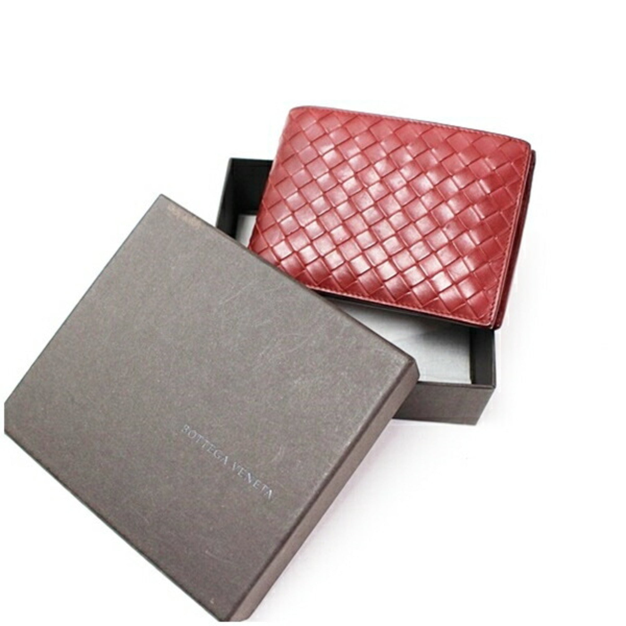 Bottega Veneta Red Color Wine Intrecciato Wallet (Bi-Fold) (Pre-Owned)