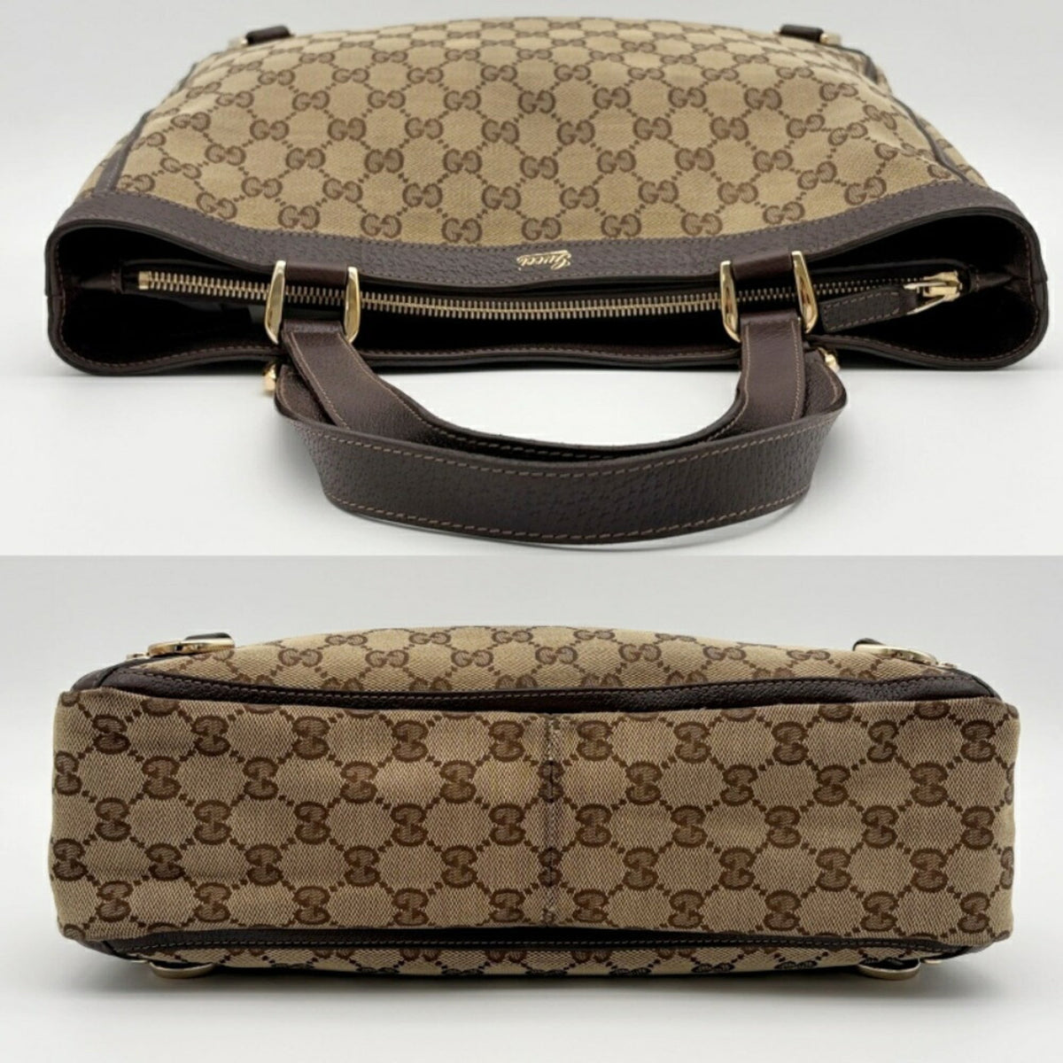 Gucci Beige Dark Brown Gg Canvas Leather Tote Bag (Pre-Owned)
