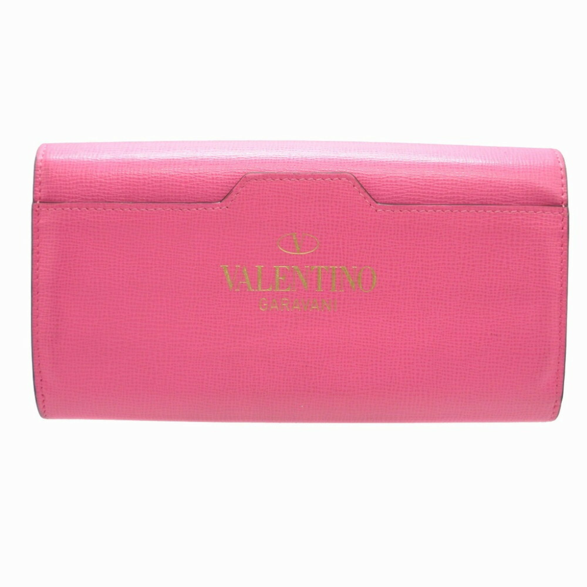 Valentino Pink Red Color Leather Long Wallet (Bi-Fold) (Pre-Owned)
