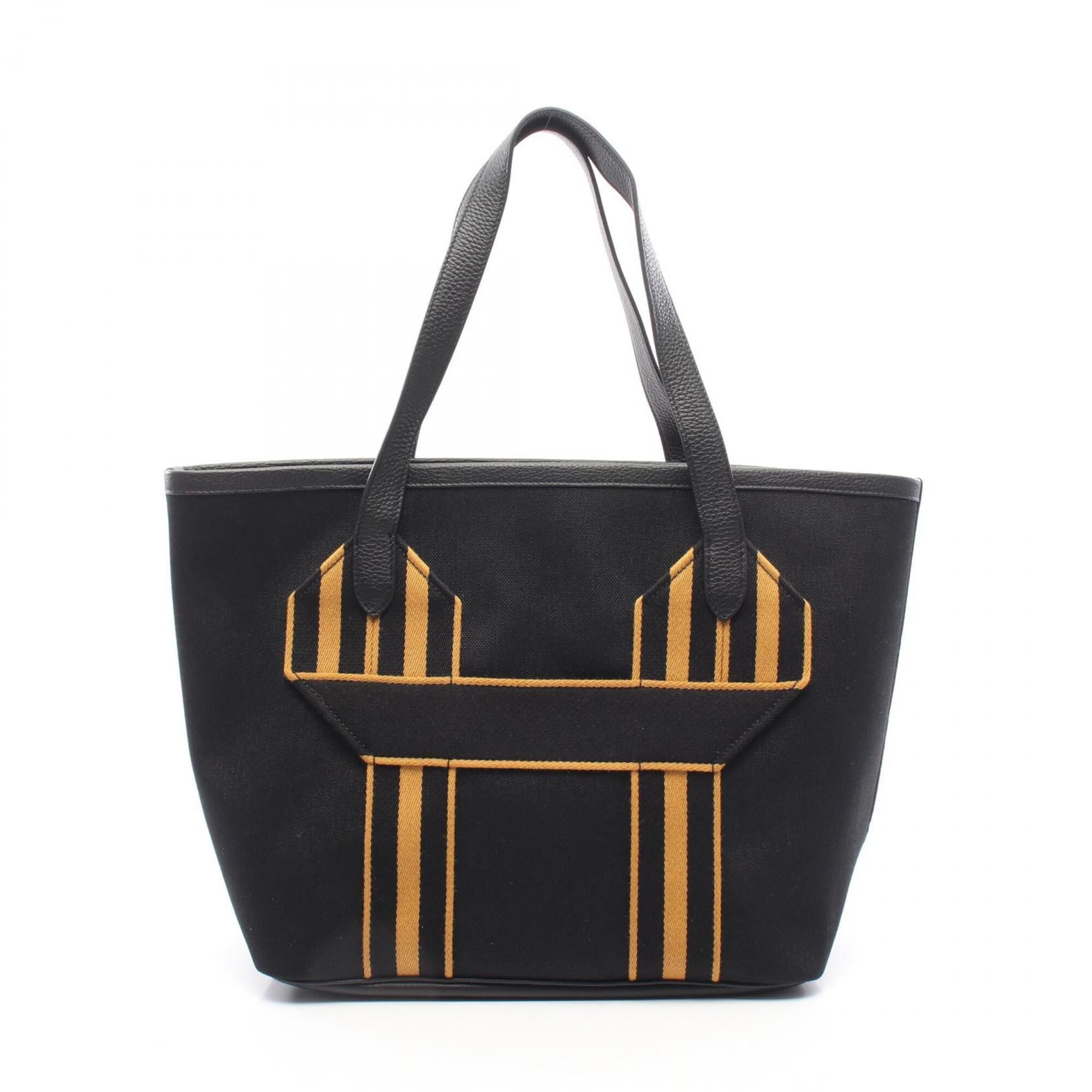 Hermes Black Brown Canvas Taurillon Clemence Leather Handbag Tote Bag (Pre-Owned)