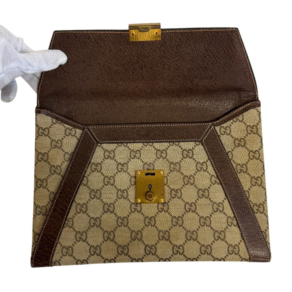 Gucci Beige Brown Canvas Leather Clutch Bag Pouch (Pre-Owned)