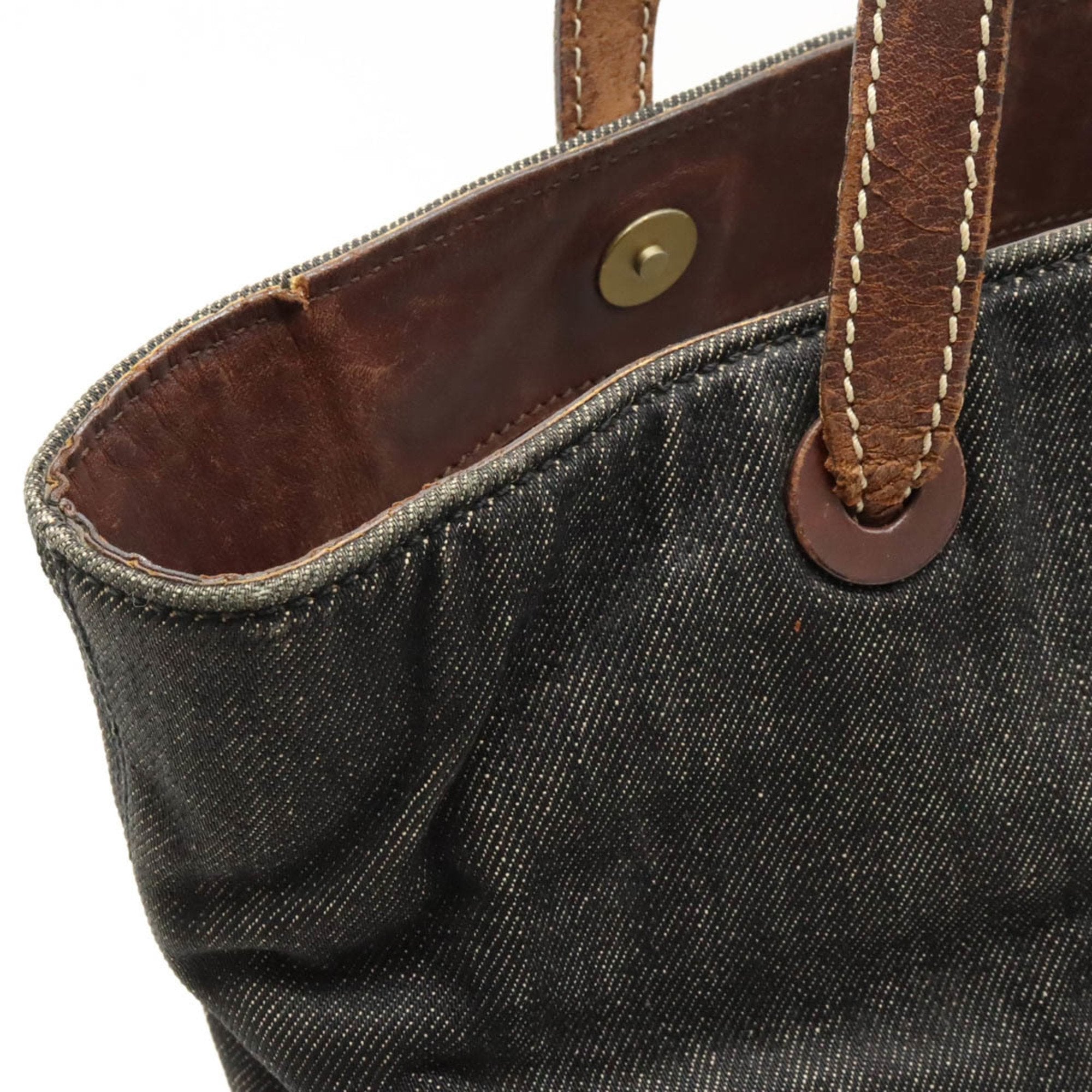 Chanel Denim Black Dark Brown Denim Leather Shoulder Bag Tote Bag (Pre-Owned)