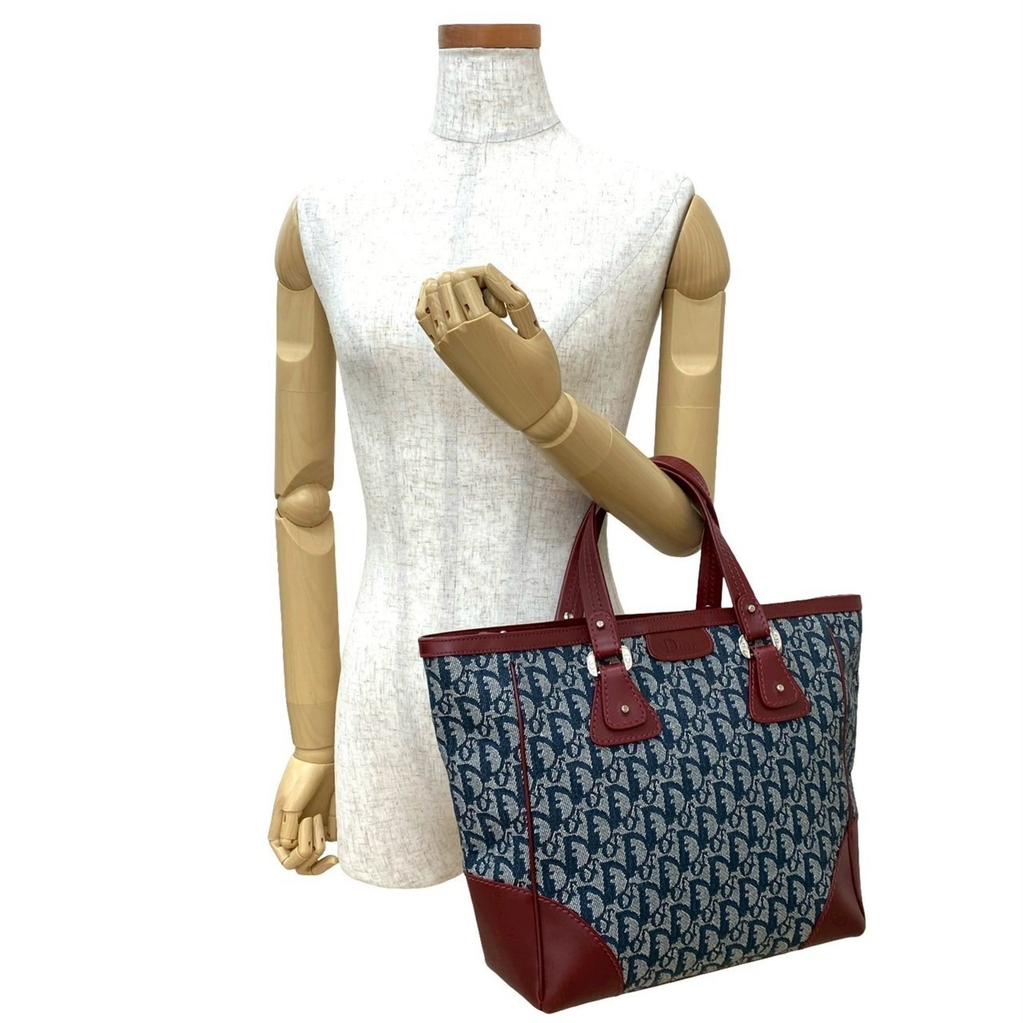 Christian Dior Navy Wine Canvas Leather Handbag Tote Bag (Pre-Owned)