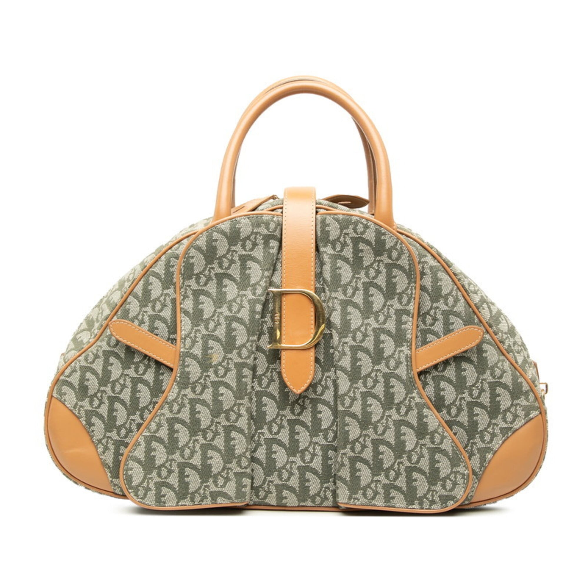 Christian Dior Beige Green Canvas Leather Handbag (Pre-Owned)
