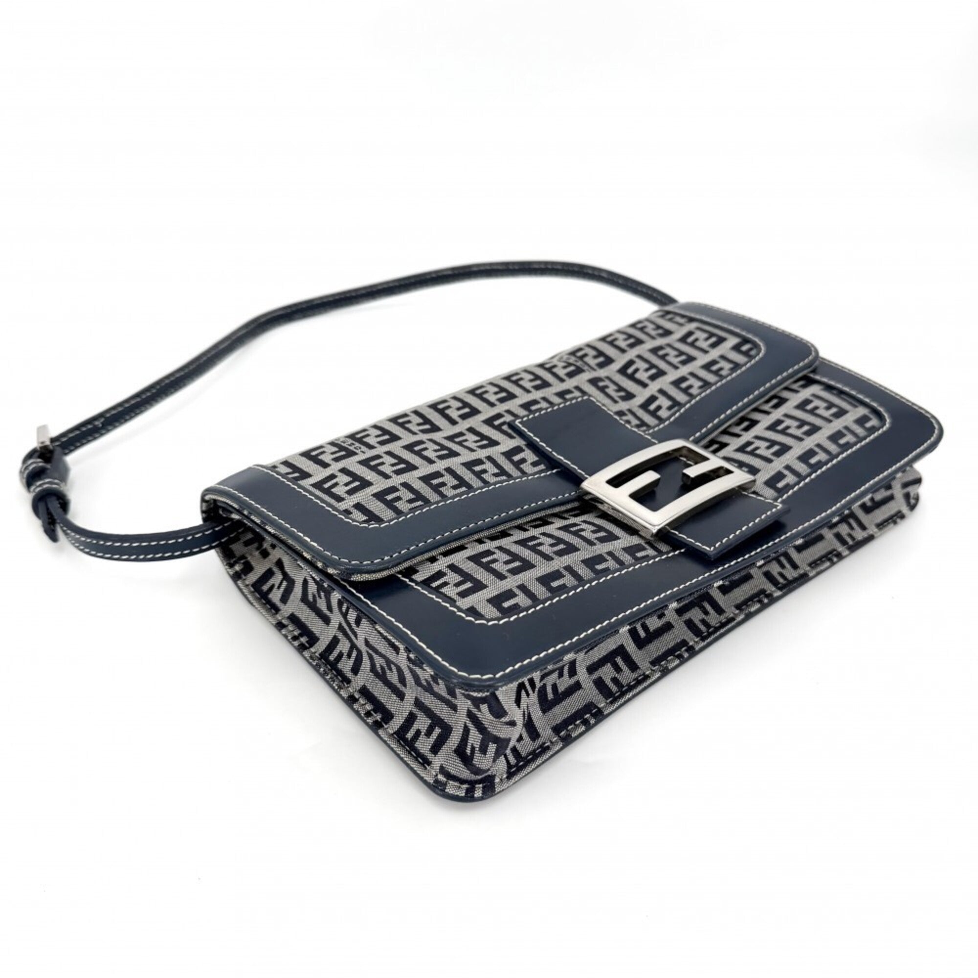 Fendi Zucchino Navy Canvas Leather Handbag Shoulder Bag (Pre-Owned)
