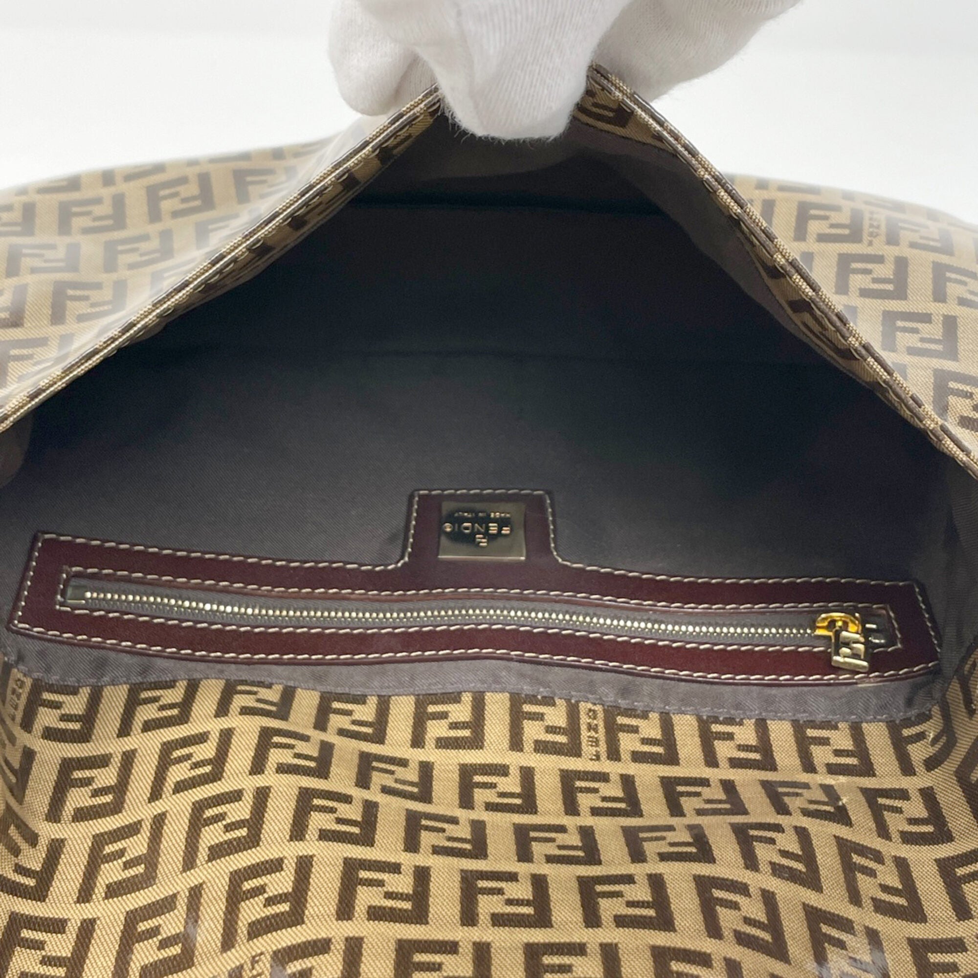 Fendi Zucchino Beige Brown Coated Canvas Leather Shoulder Bag (Pre-Owned)