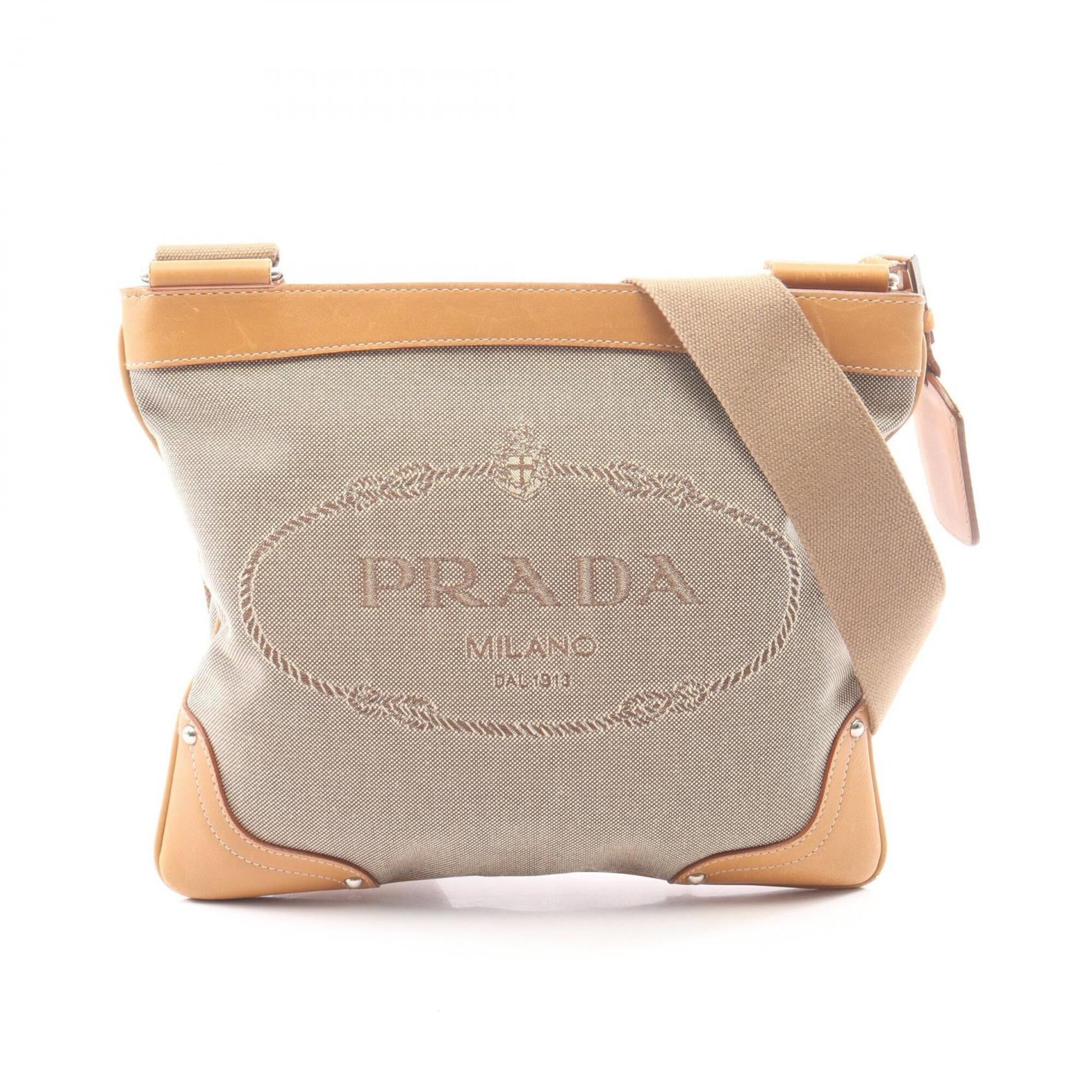 Prada Beige Brown Canvas Leather Handbag Shoulder Bag (Pre-Owned)
