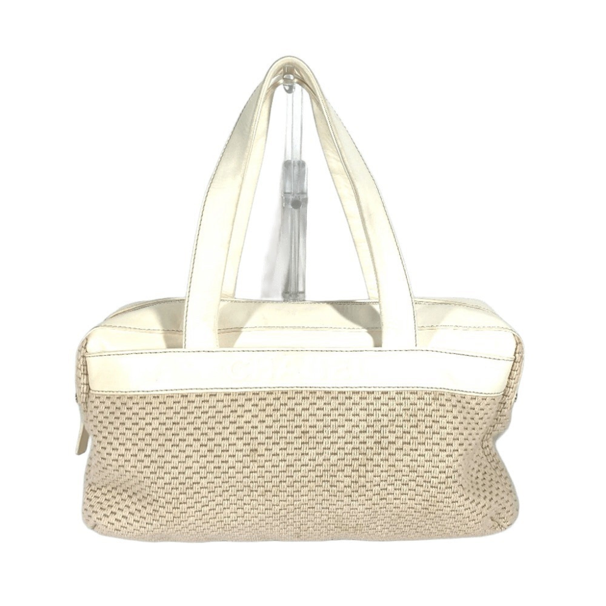 Chanel Beige White Leather Canvas Handbag Shoulder Bag Tote Bag (Pre-Owned)