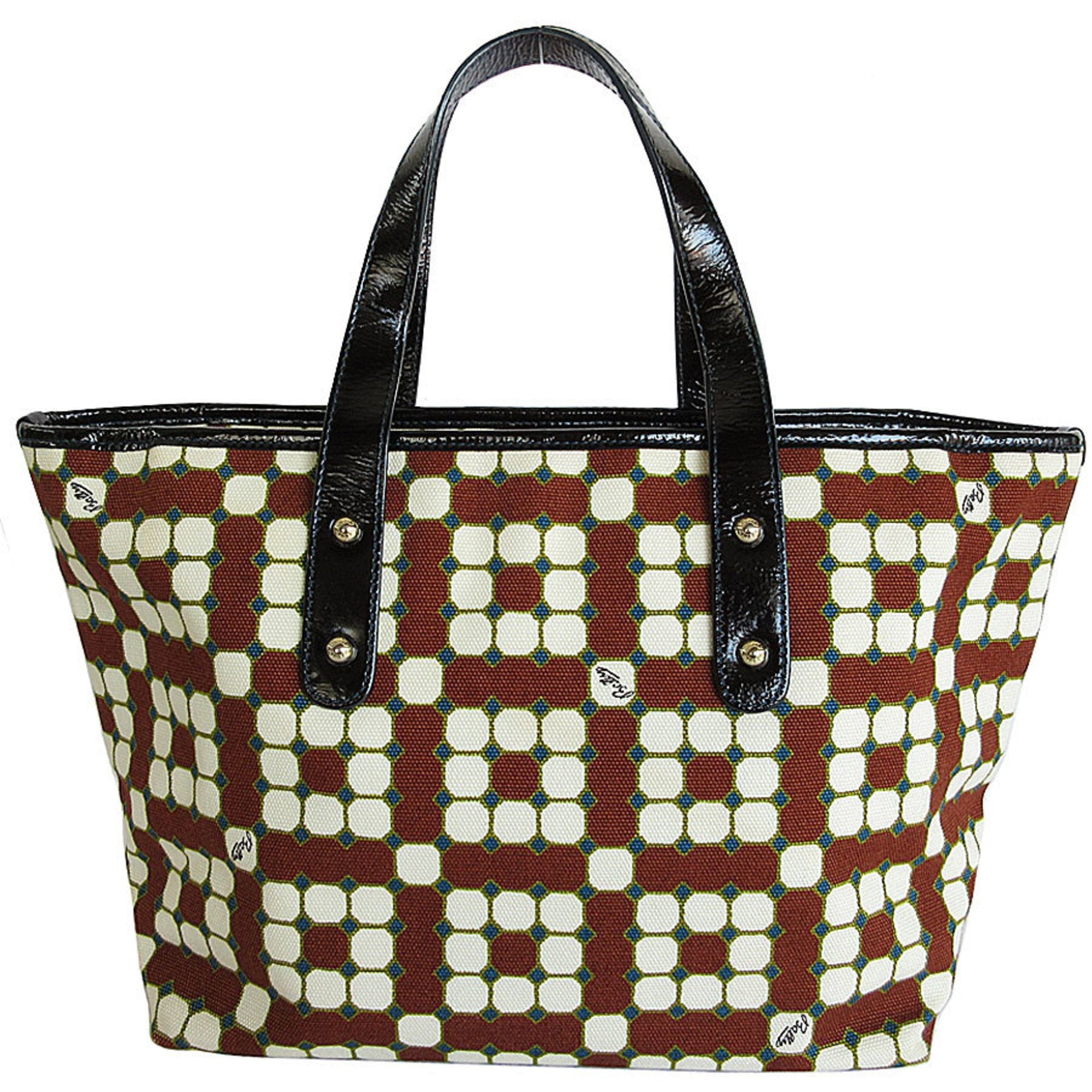 Bally Black Brown Off-White Canvas Patent Leather Handbag Tote Bag (Pre-Owned)