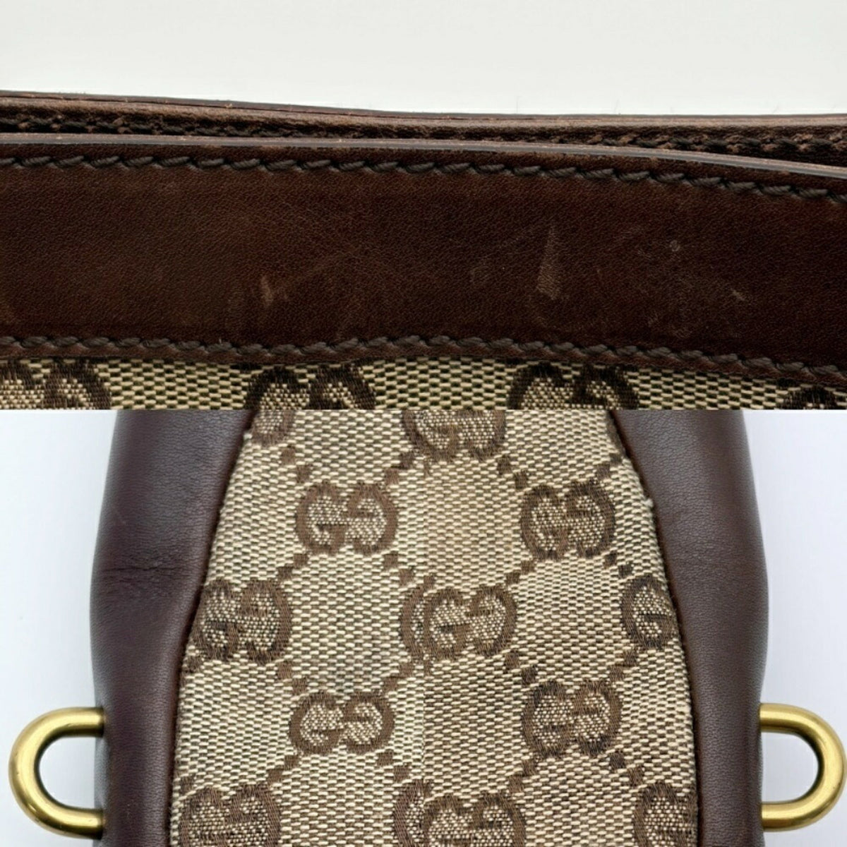 Gucci Gg Canvas Beige Dark Brown Gg Canvas Leather Shoulder Bag (Pre-Owned)