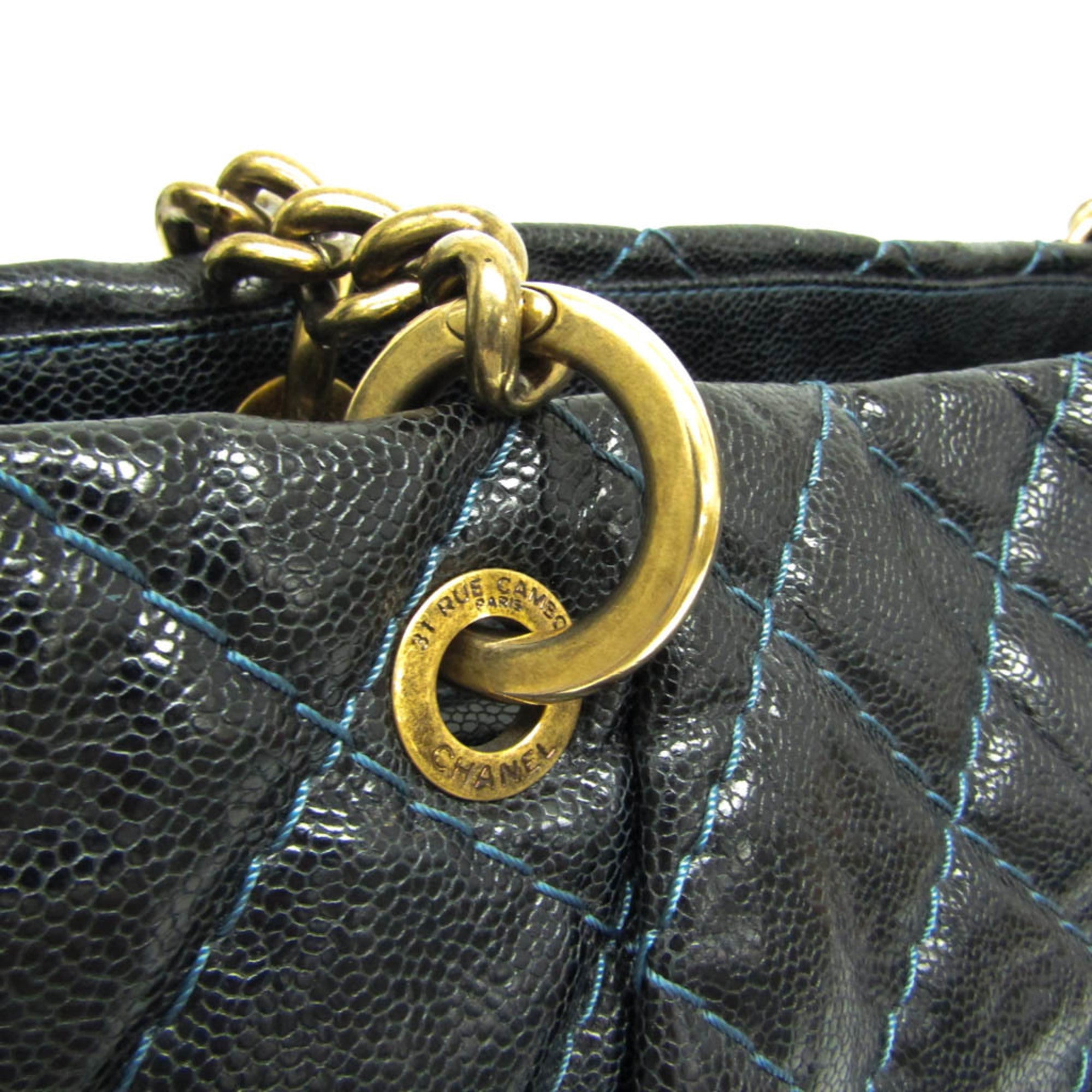 Chanel Matelasse Black Navy Grained Calfskin Tote Bag (Pre-Owned)