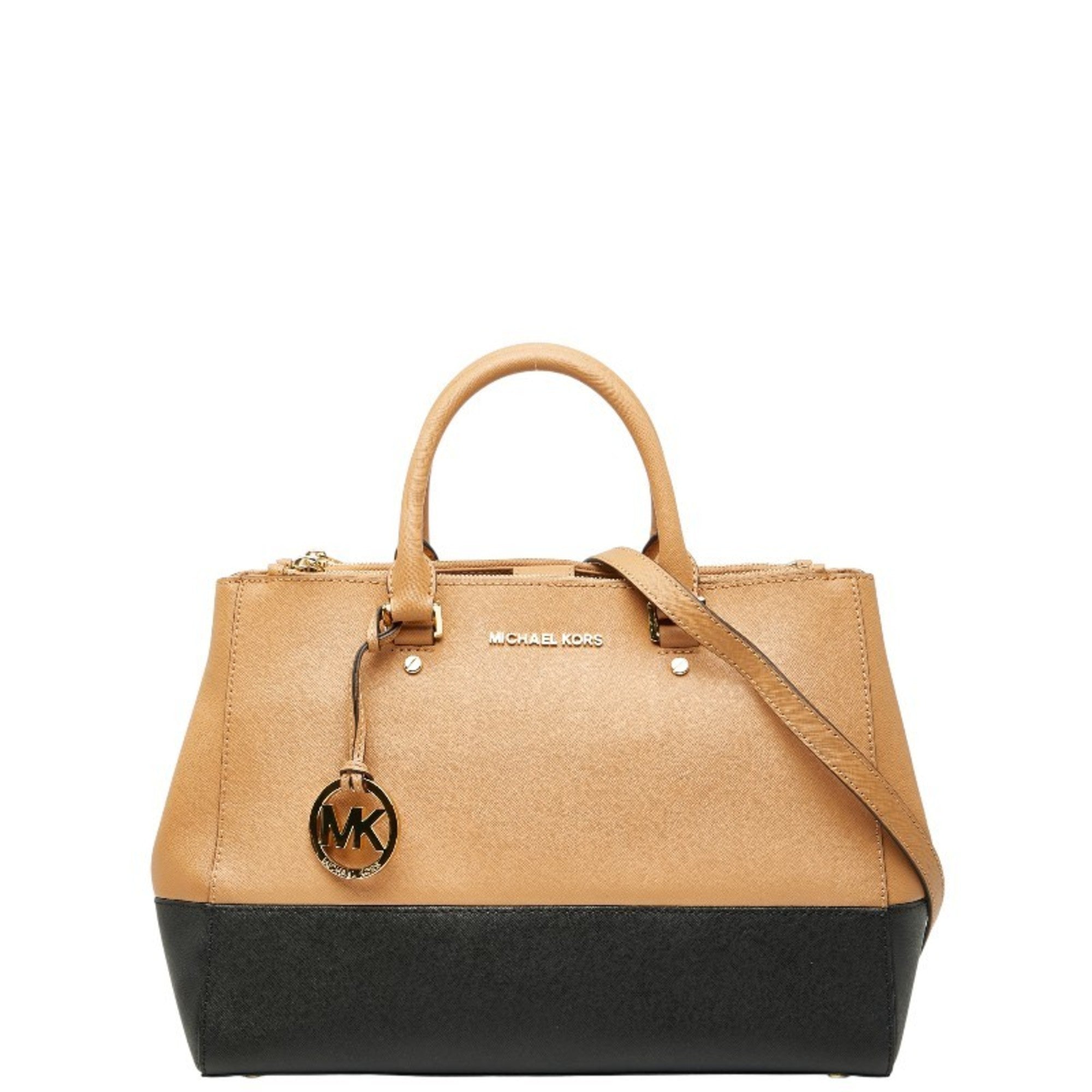 Michael Kors Beige Black Leather Shoulder Bag Tote Bag (Pre-Owned)