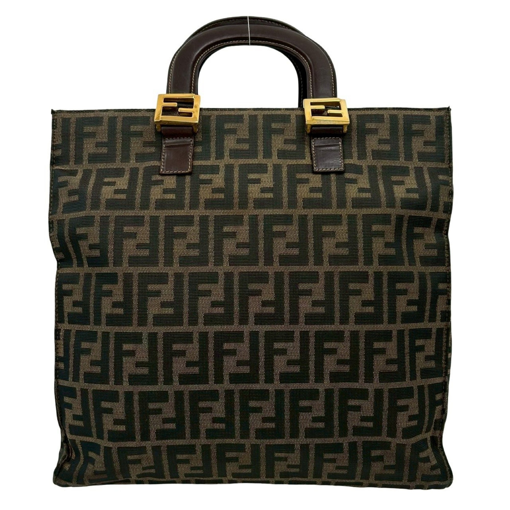 Fendi Black Brown Khaki Canvas Leather Handbag Tote Bag (Pre-Owned)