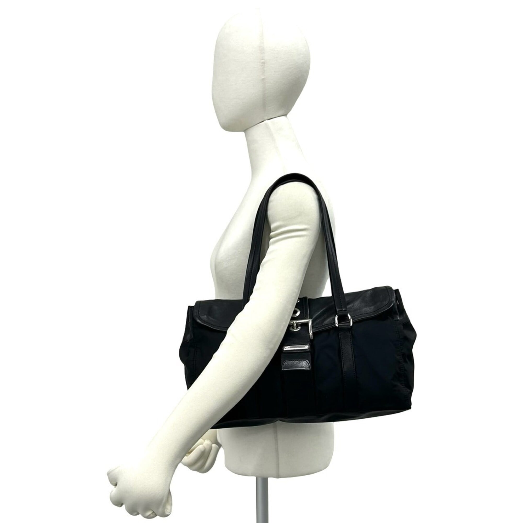 Prada Black Nylon Leather Shoulder Bag Tote Bag (Pre-Owned)