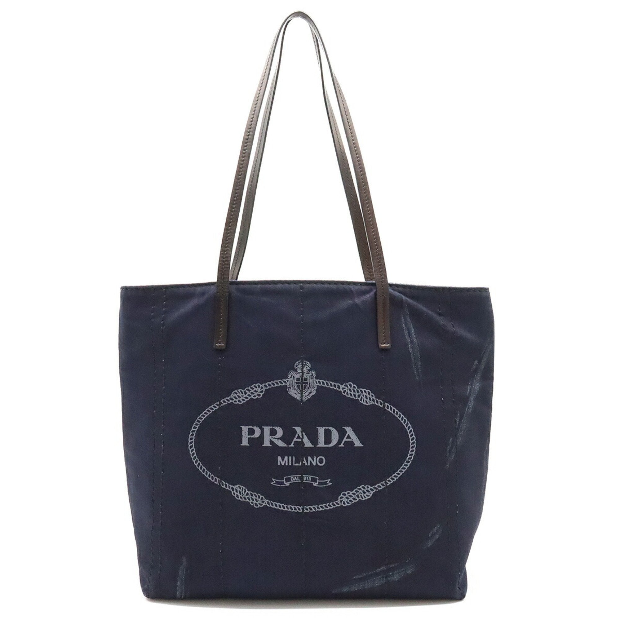 Prada Black Dark Blue Denim Leather Shoulder Bag Tote Bag (Pre-Owned)