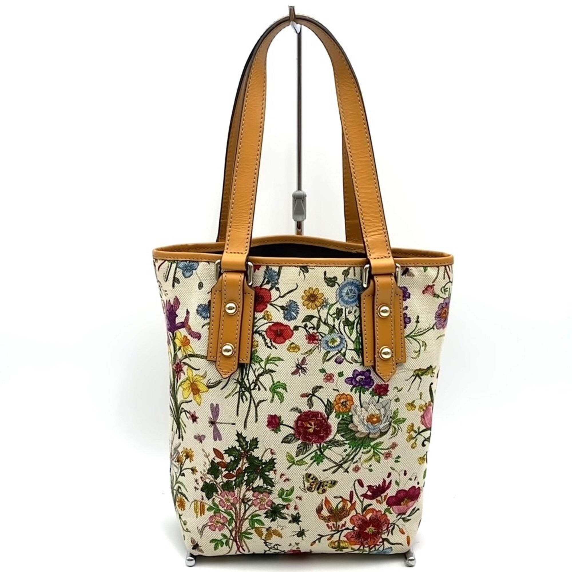 Gucci Flora Brown Orange Canvas Leather Handbag Tote Bag (Pre-Owned)