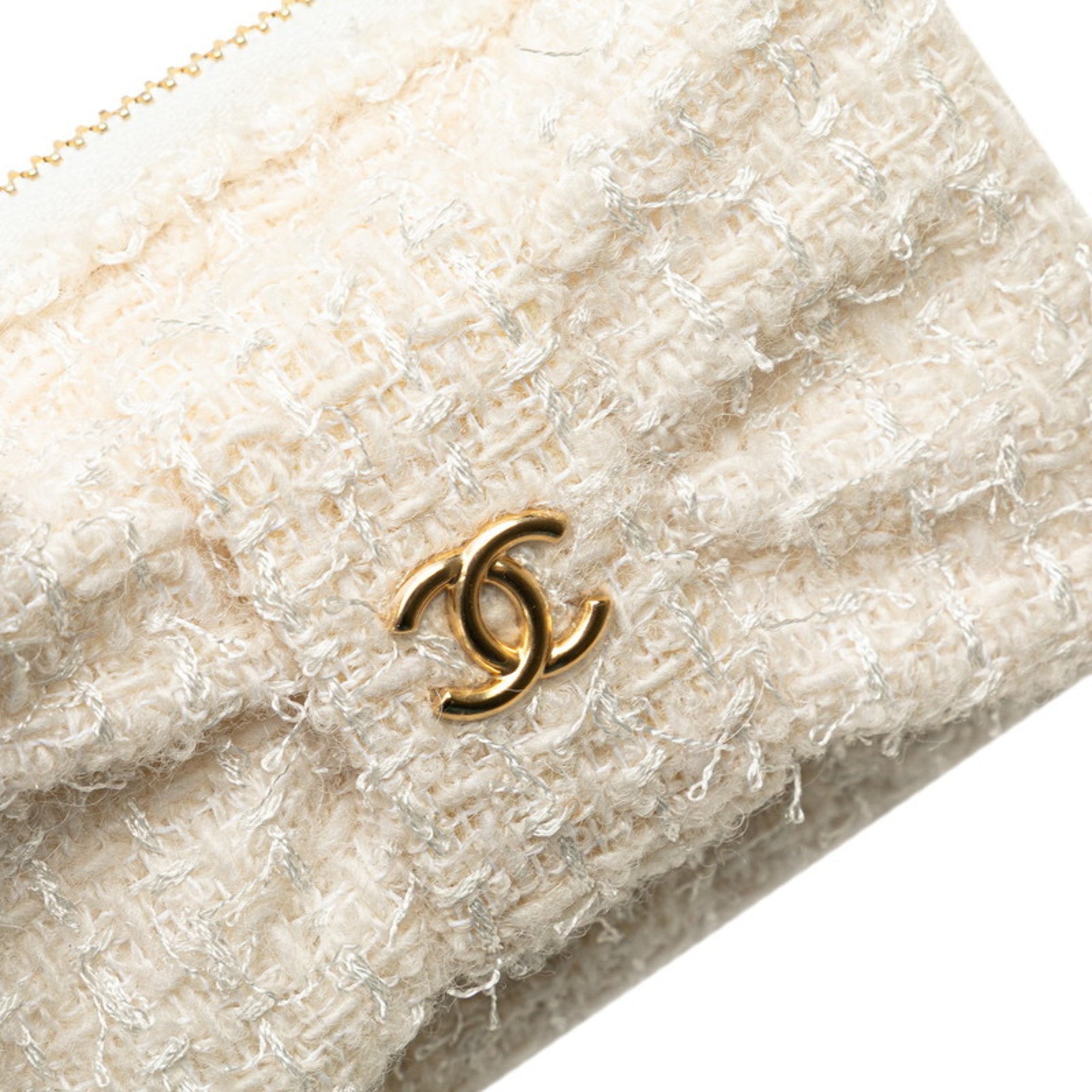 Chanel White Tweed Leather Chain/Shoulder Wallet (Pre-Owned)