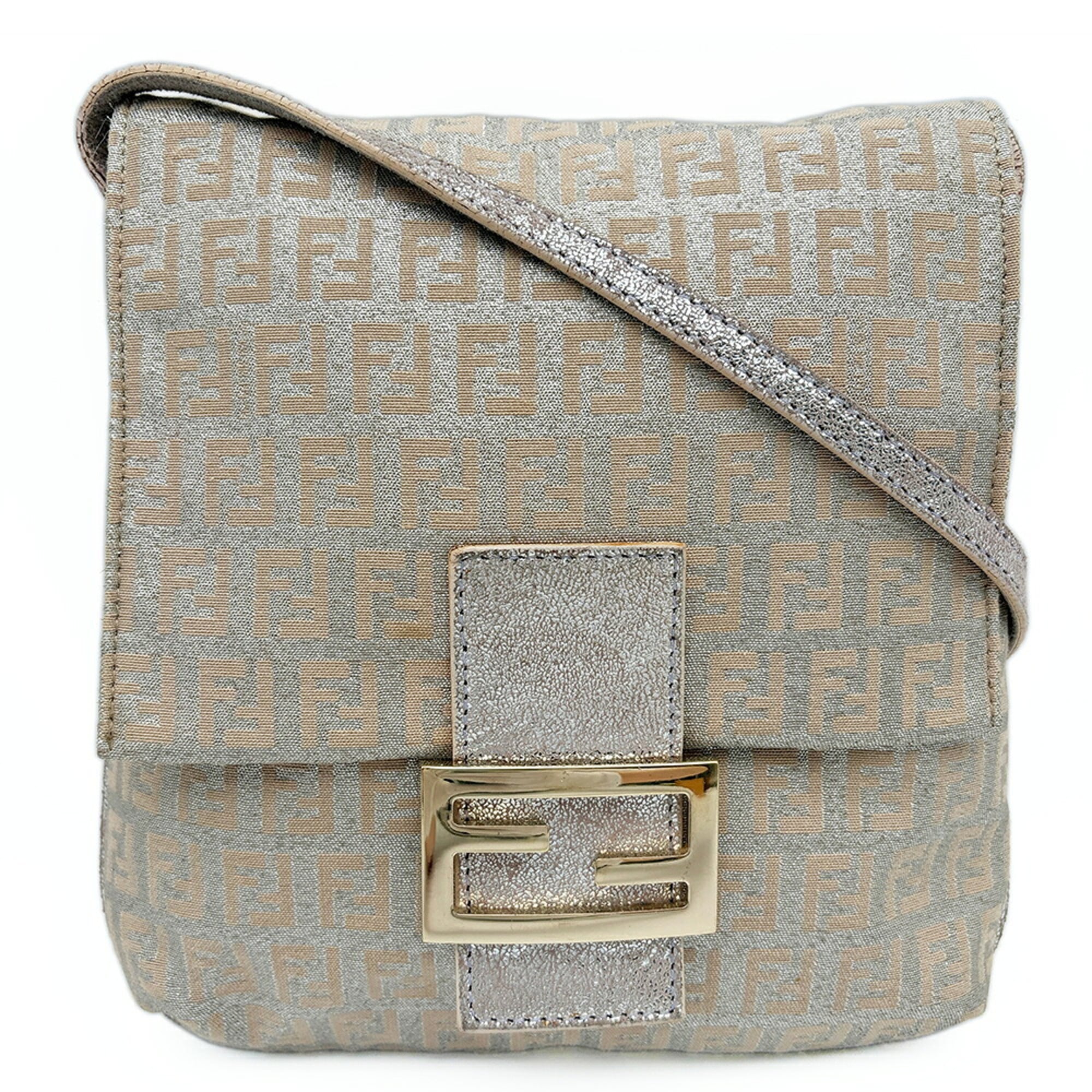 Fendi Zucchino Beige Silver Canvas Leather Pochette Shoulder Bag (Pre-Owned)
