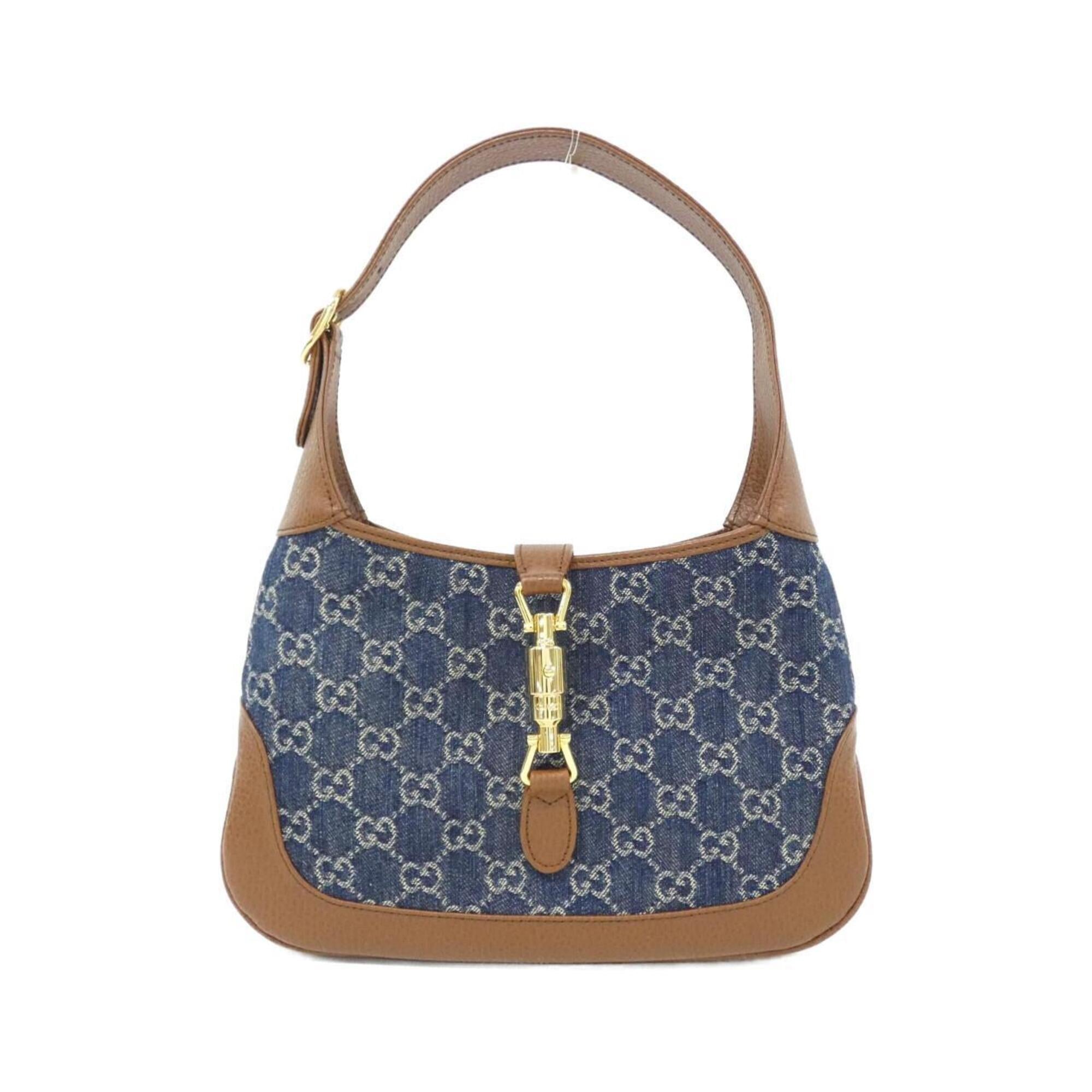 Gucci Brown Dark Blue Jacquard Denim Leather Shoulder Bag (Pre-Owned)