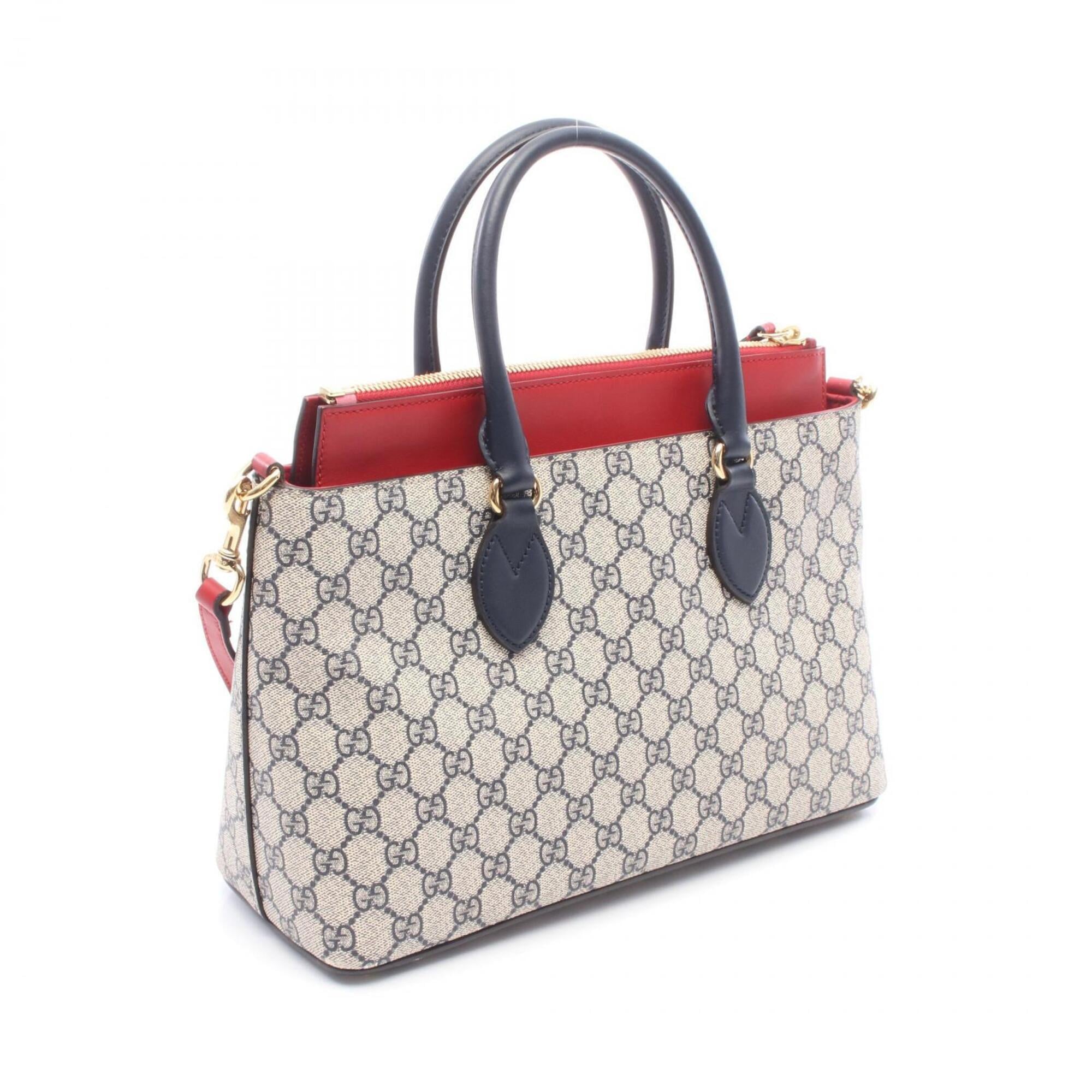 Gucci Beige Navy Red Color Gg Supreme Leather Handbag (Pre-Owned)