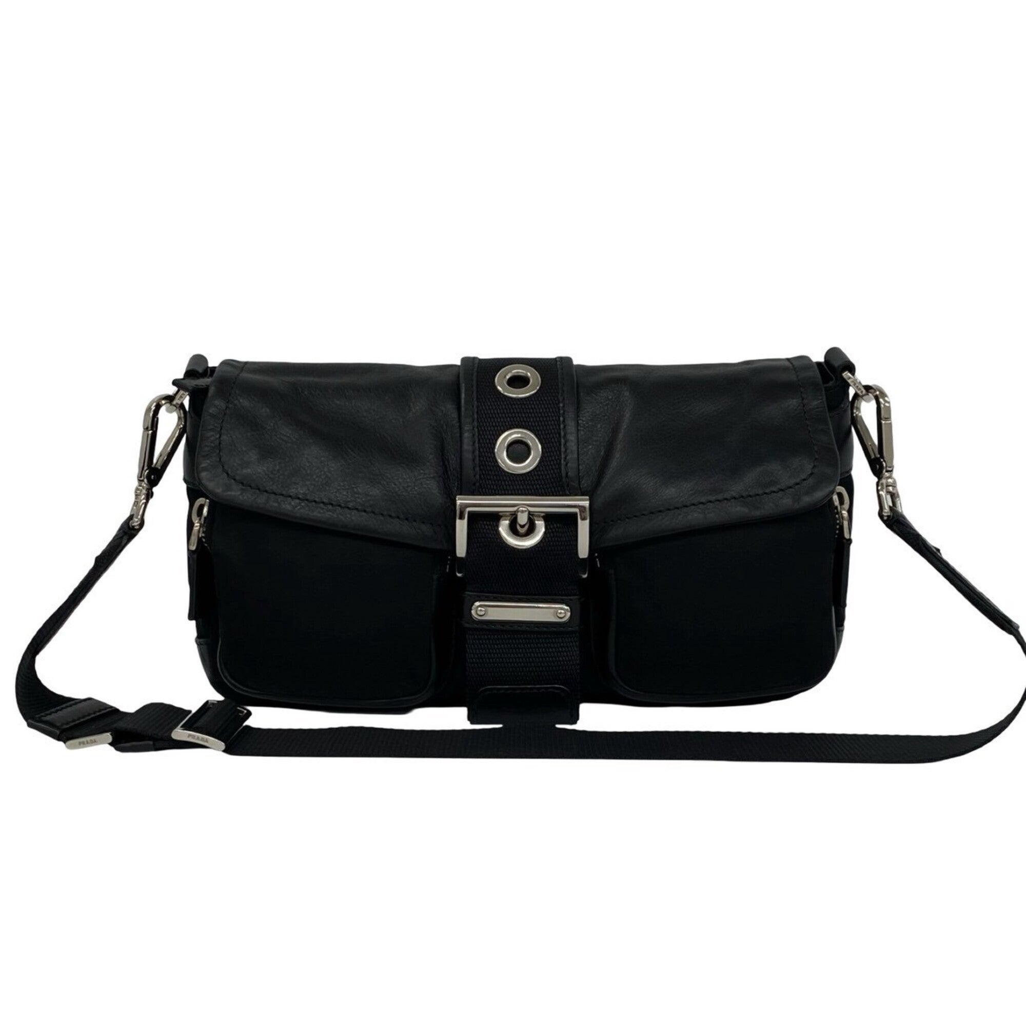Prada Black Leather Nylon Handbag Shoulder Bag (Pre-Owned)