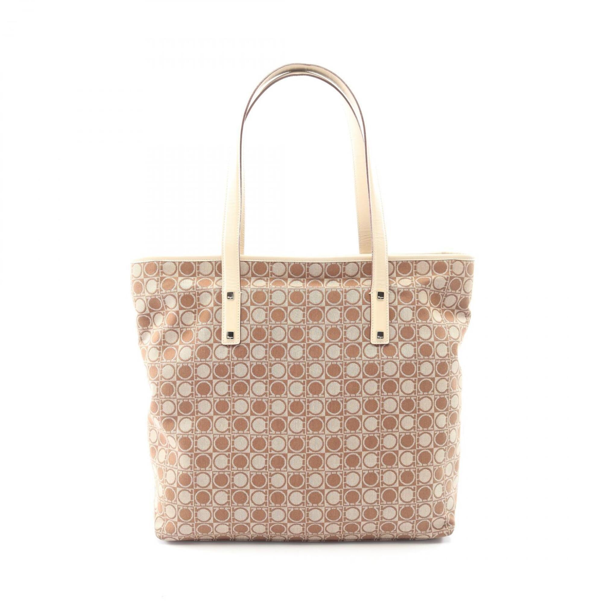 Salvatore Ferragamo Beige White Canvas Leather Handbag Tote Bag (Pre-Owned)