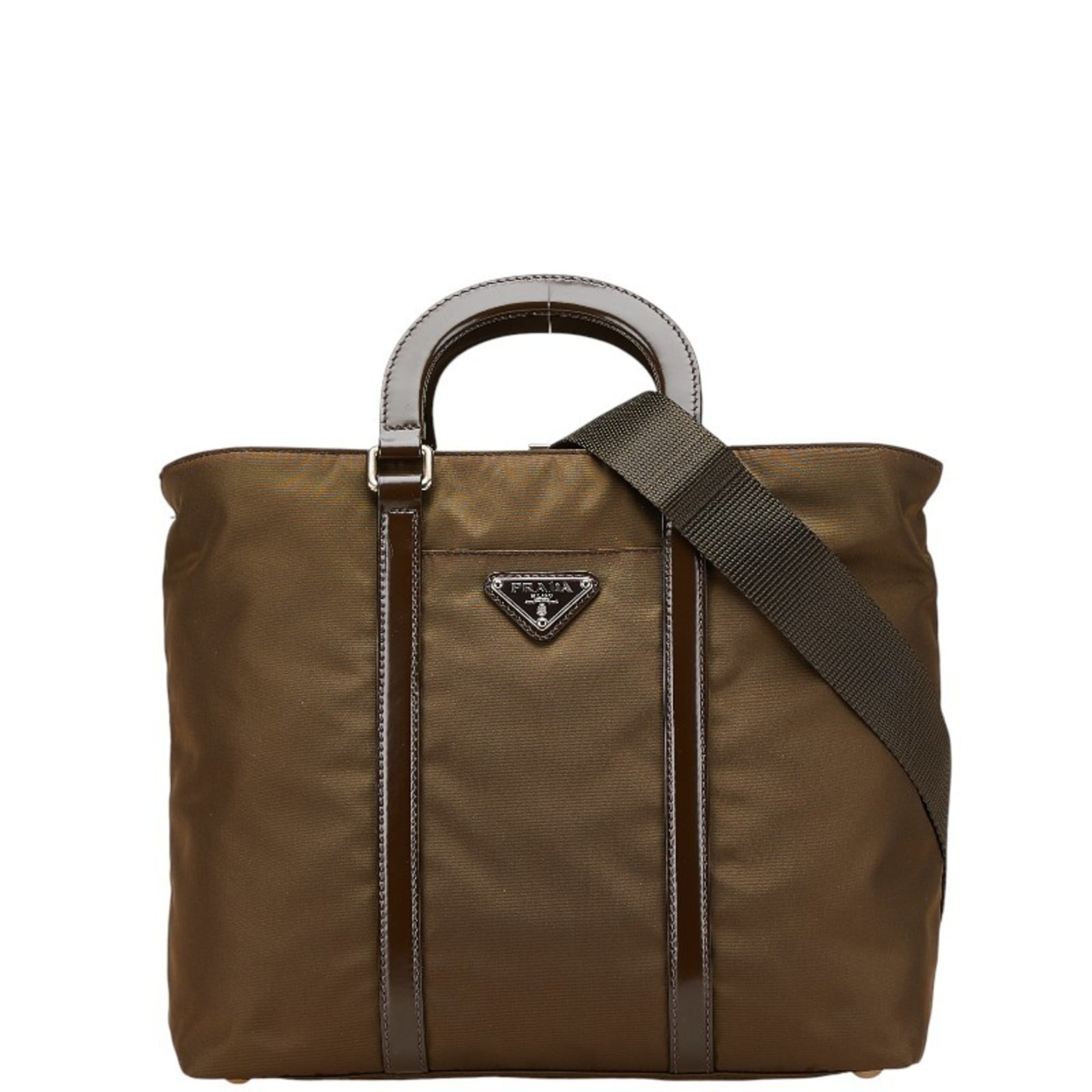 Prada Brown Khaki Nylon Leather Handbag Shoulder Bag (Pre-Owned)