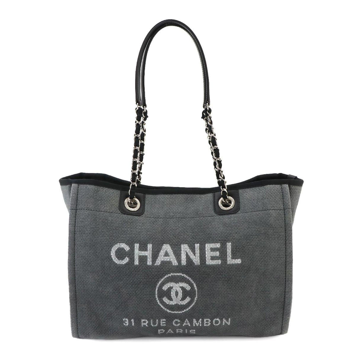 Chanel Black Gray Canvas Leather Handbag Tote Bag (Pre-Owned)