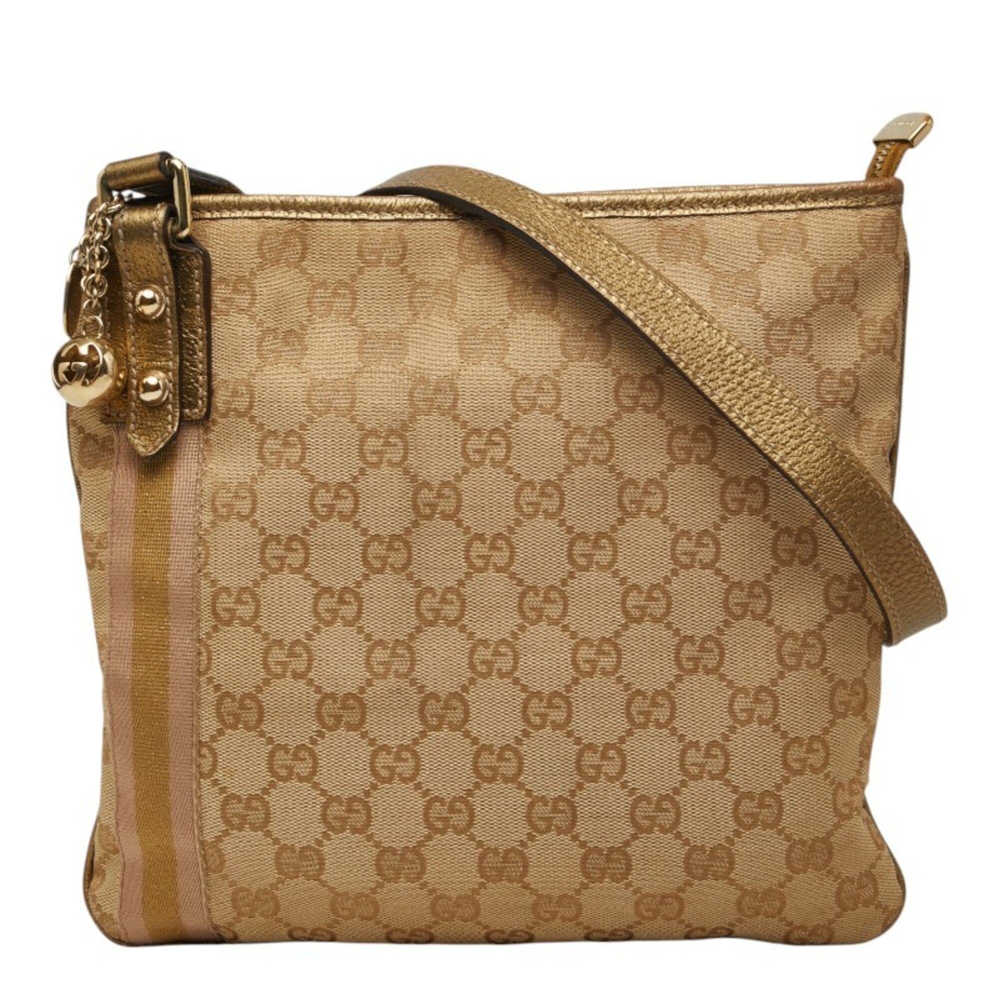 Gucci Beige Gold Pink Canvas Leather Shoulder Bag (Pre-Owned)