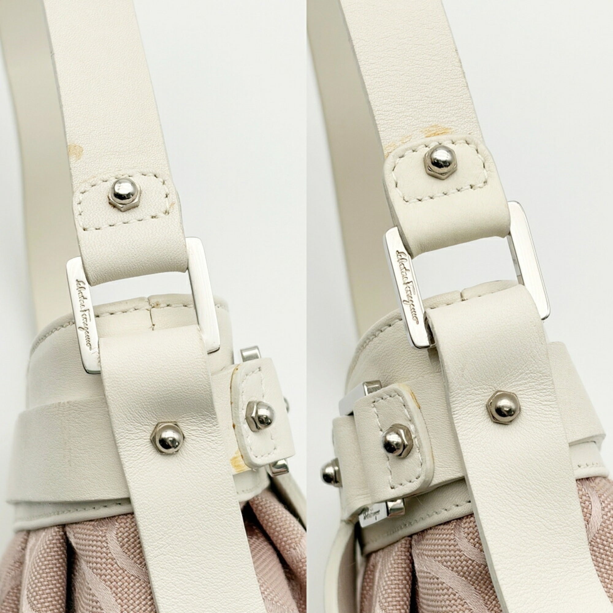 Salvatore Ferragamo Pink White Canvas Leather Shoulder Bag (Pre-Owned)