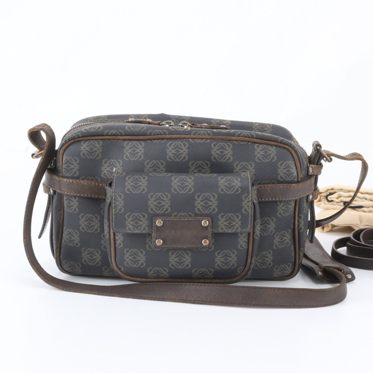 Loewe Black Leather Coated Canvas Crossbody Bag Handbag Shoulder Bag Tote Bag (Pre-Owned)