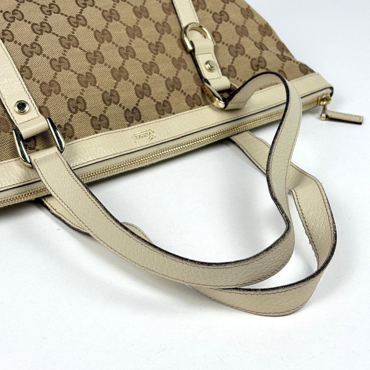 Gucci Abbey Beige Ivory Gg Canvas Leather Tote Bag (Pre-Owned)