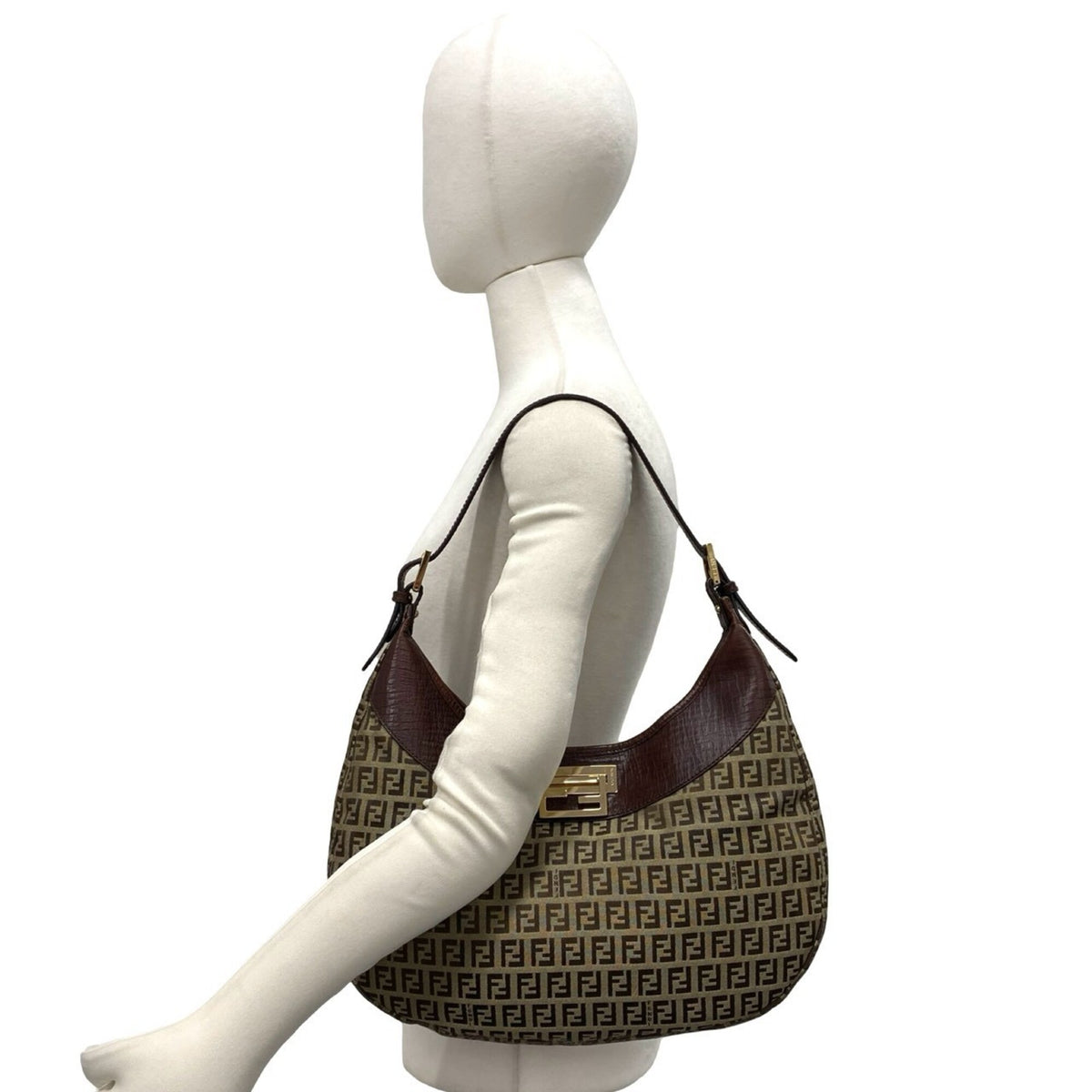Fendi Brown Khaki Leather Canvas Shoulder Bag (Pre-Owned)