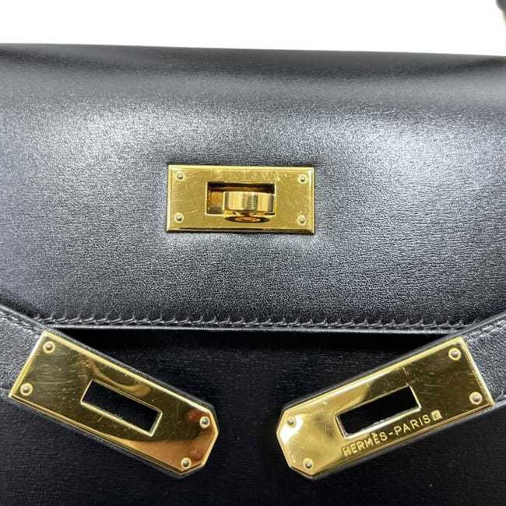 Hermes Kelly Black Box Calf Leather Handbag Shoulder Bag (Pre-Owned)