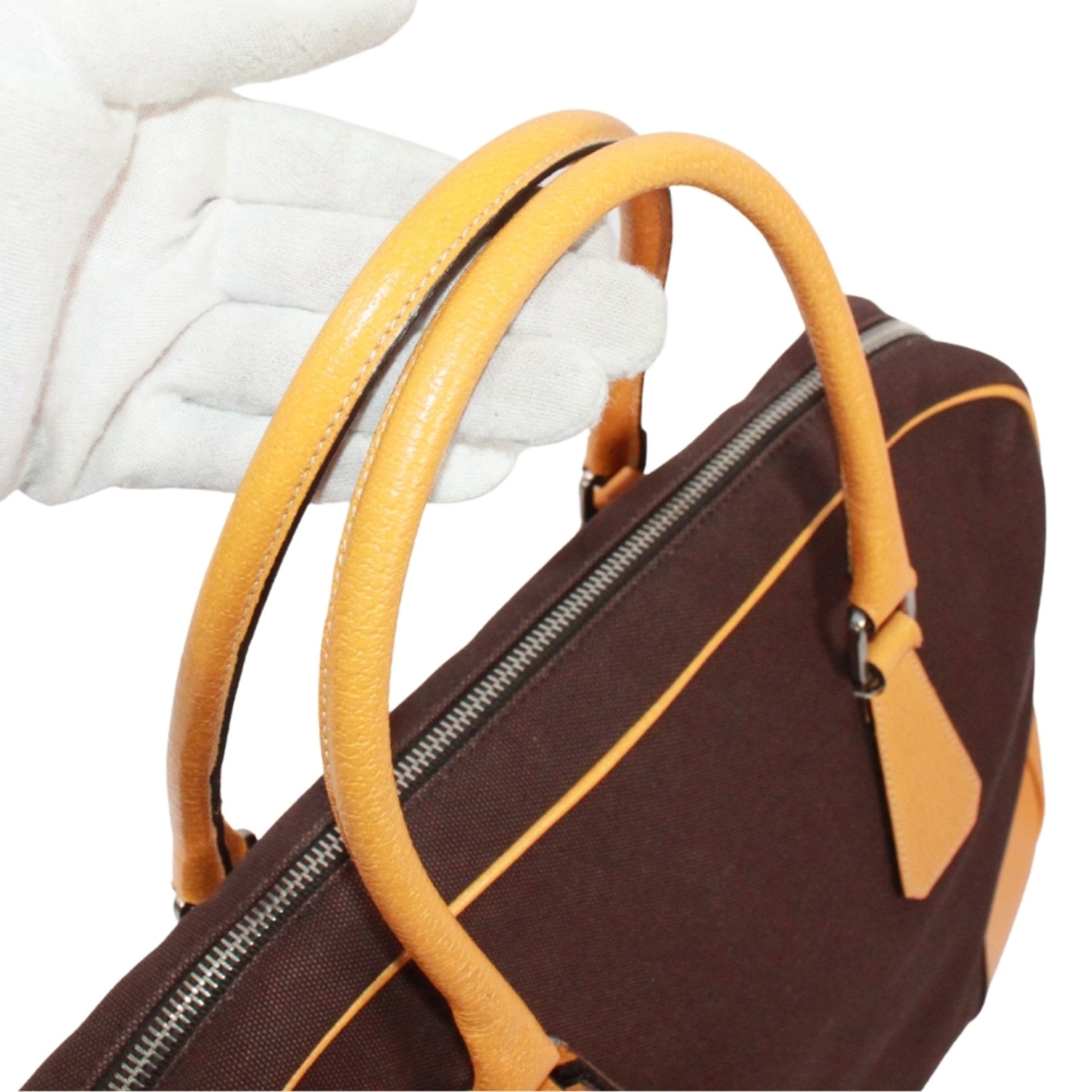 Prada Brown Yellow Leather Canvas Boston Bag Handbag (Pre-Owned)