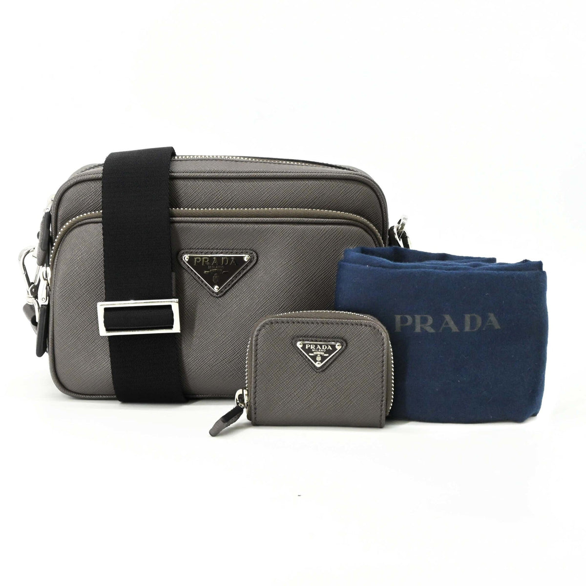 Prada Saffiano Gray Leather Pouch Shoulder Bag (Pre-Owned)