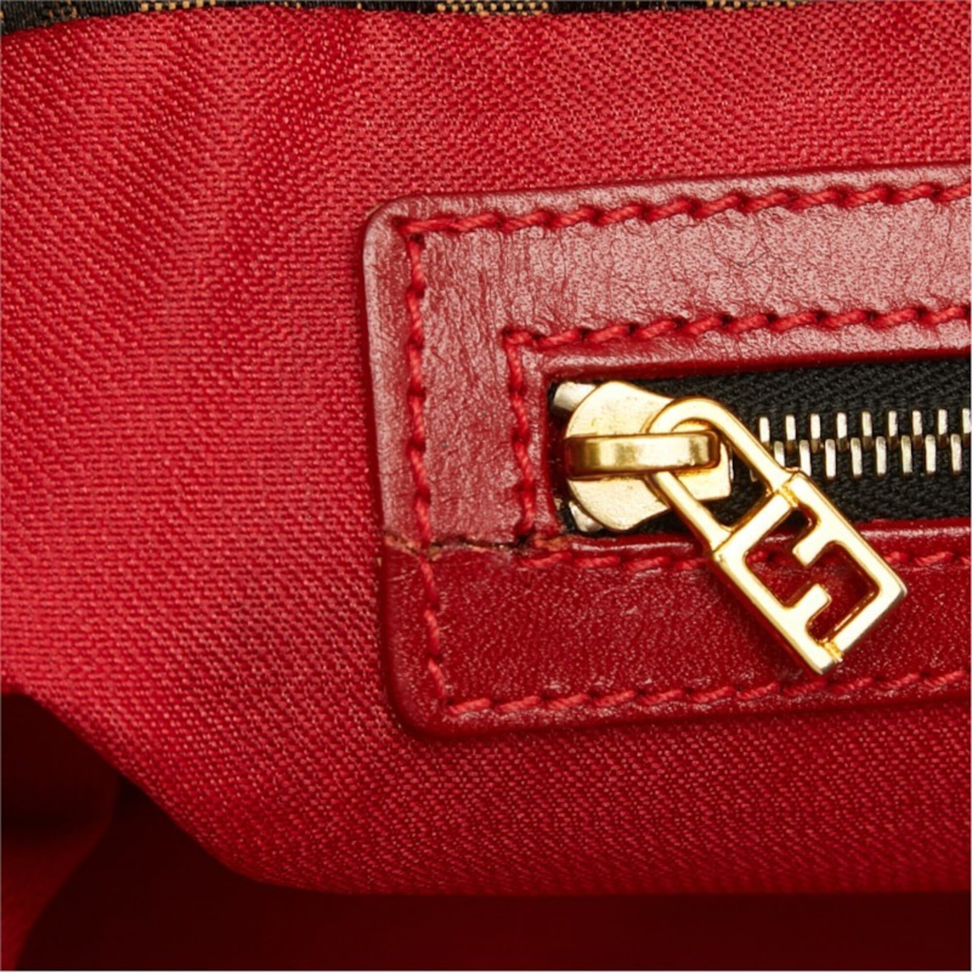 Fendi Brown Red Color Canvas Leather Shoulder Bag Tote Bag (Pre-Owned)