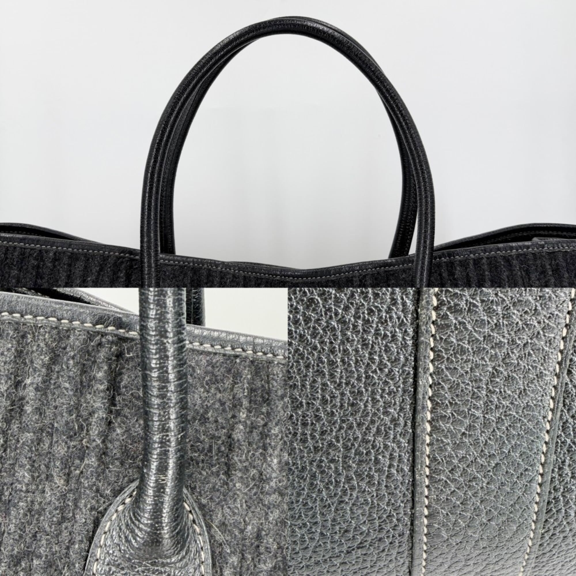 Hermes Black Felt Leather Handbag Tote Bag (Pre-Owned)