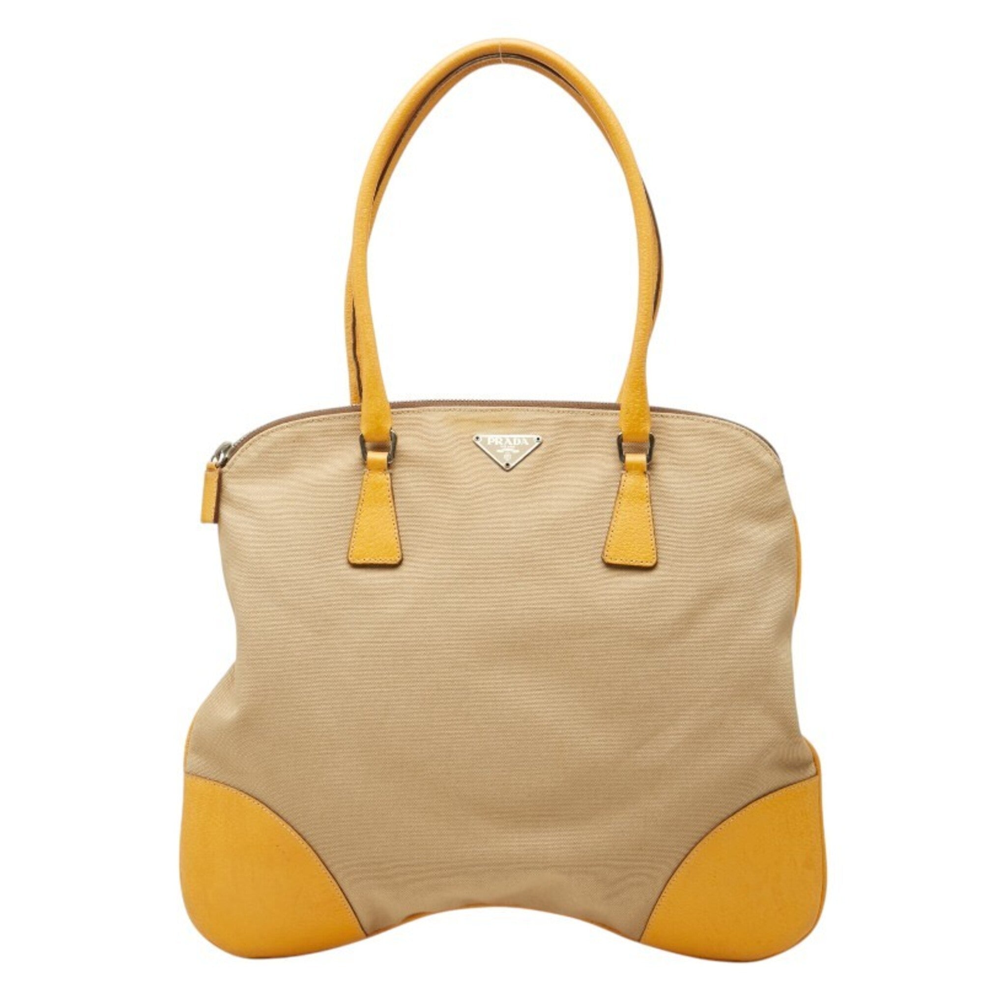 Prada Beige Yellow Canvas Leather Shoulder Bag Tote Bag (Pre-Owned)